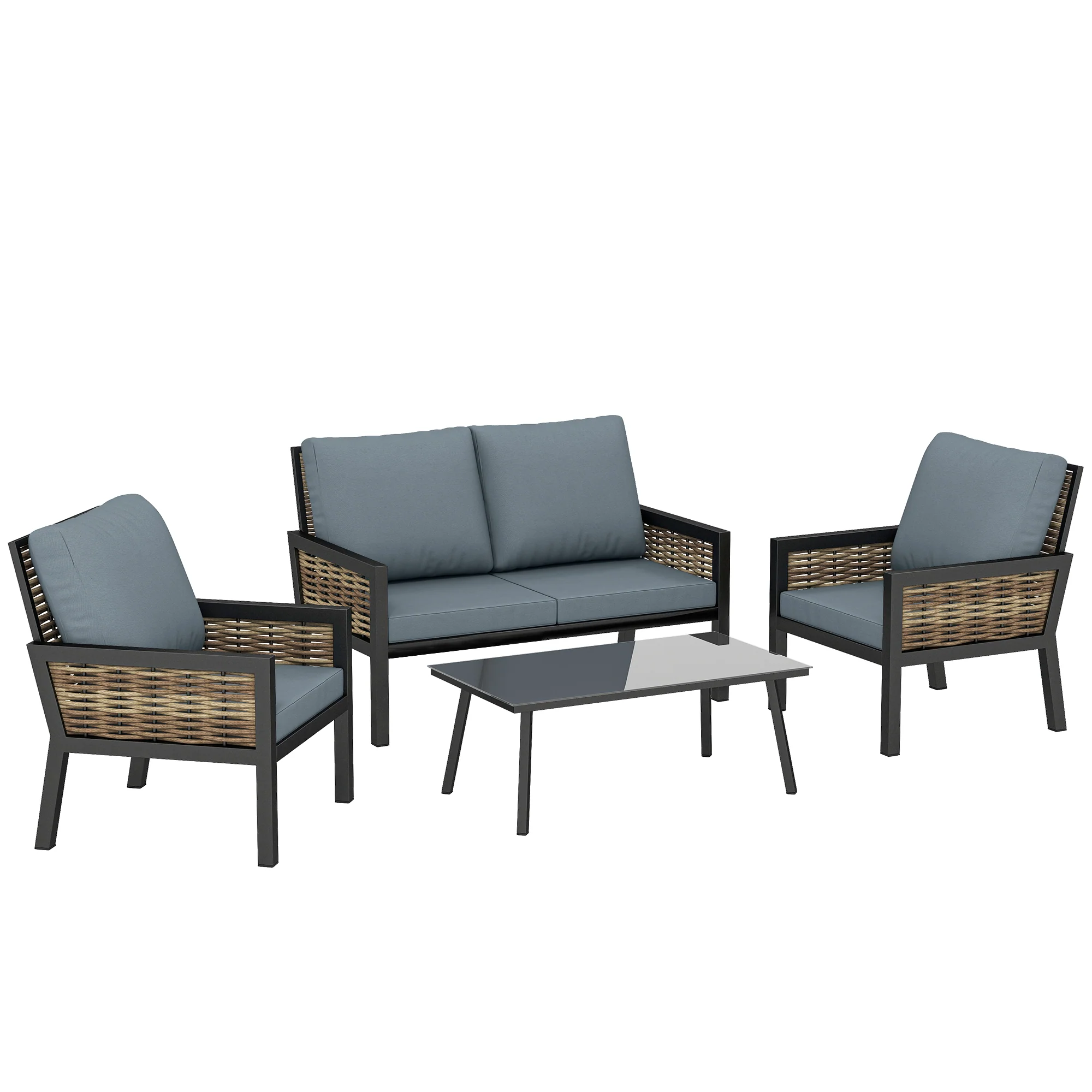 4-Seater Rattan Sofa Set with Cushions, Loveseat, 2 Armchairs & Coffee Table Grey - Image 12