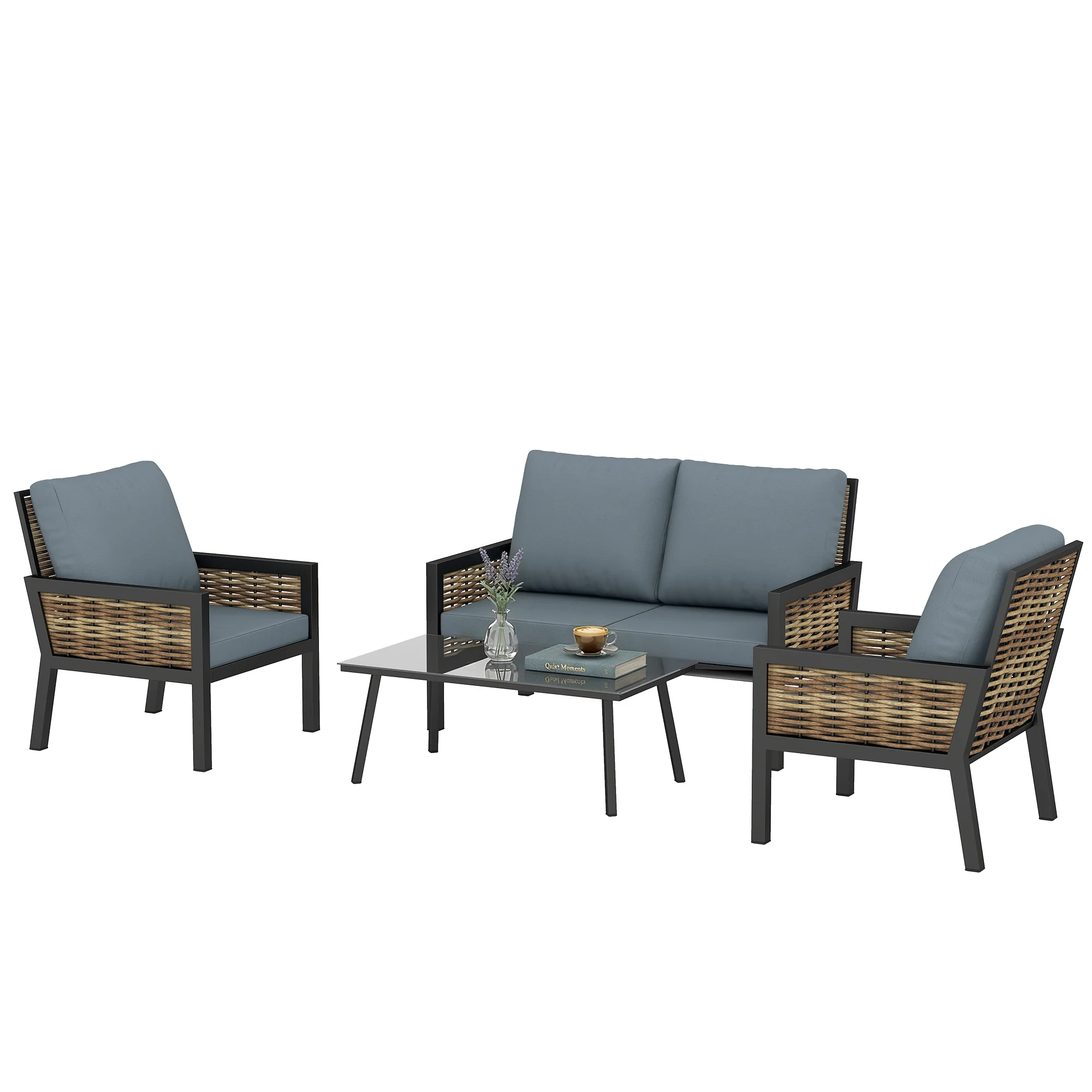 4-Seater Rattan Sofa Set with Cushions, Loveseat, 2 Armchairs & Coffee Table Grey - Image 2