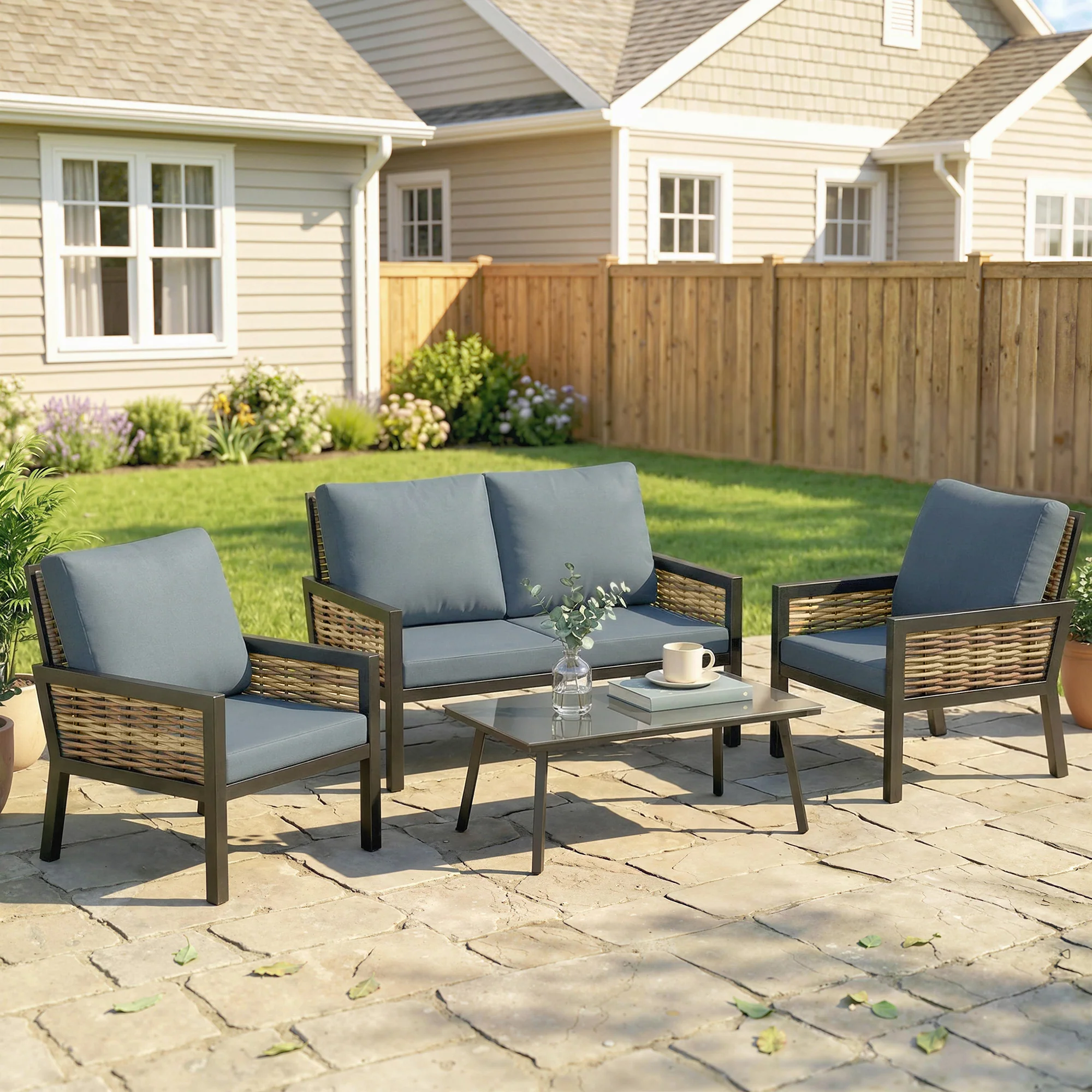 4-Seater Rattan Sofa Set with Cushions, Loveseat, 2 Armchairs & Coffee Table Grey - Image 3