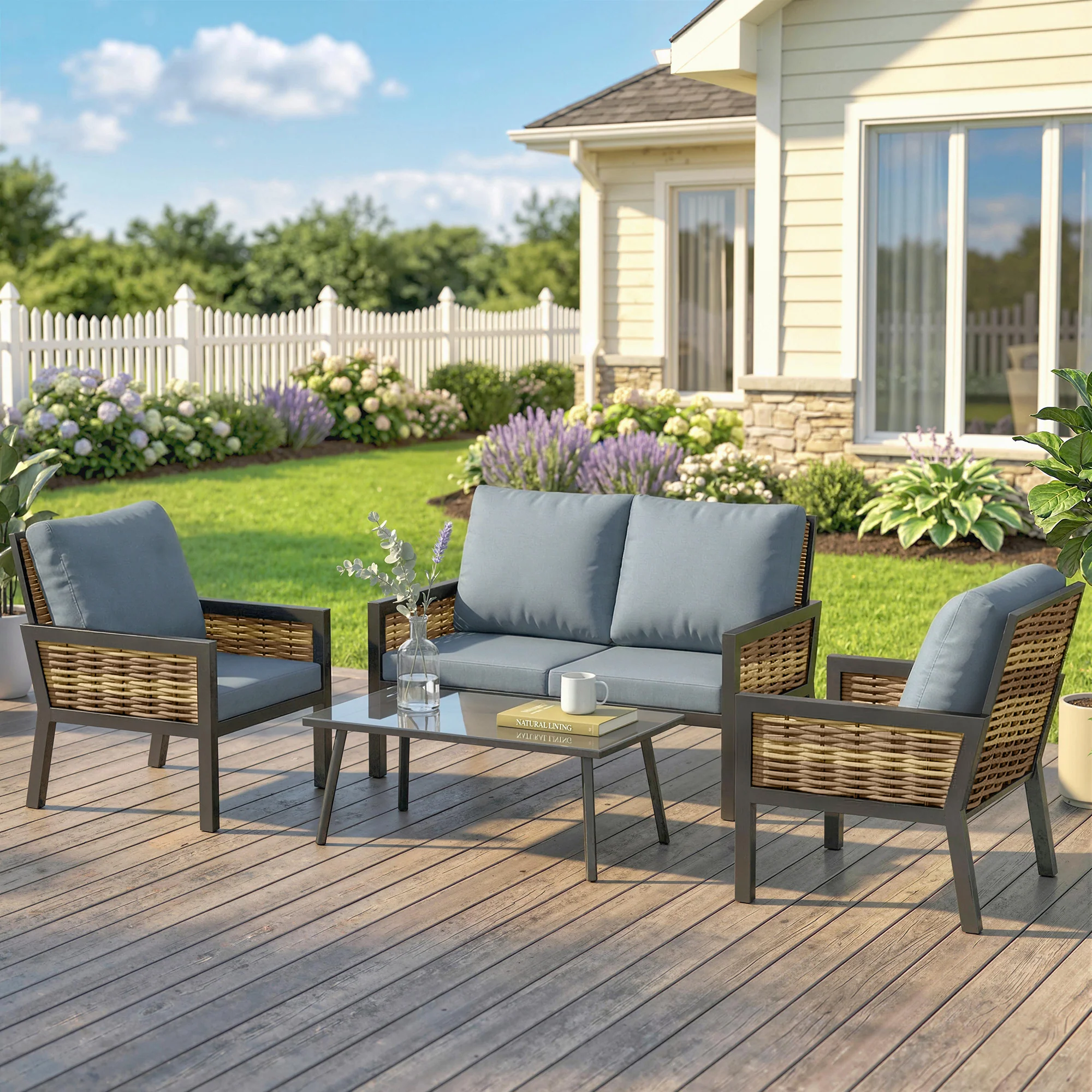 4-Seater Rattan Sofa Set with Cushions, Loveseat, 2 Armchairs & Coffee Table Grey - Image 4