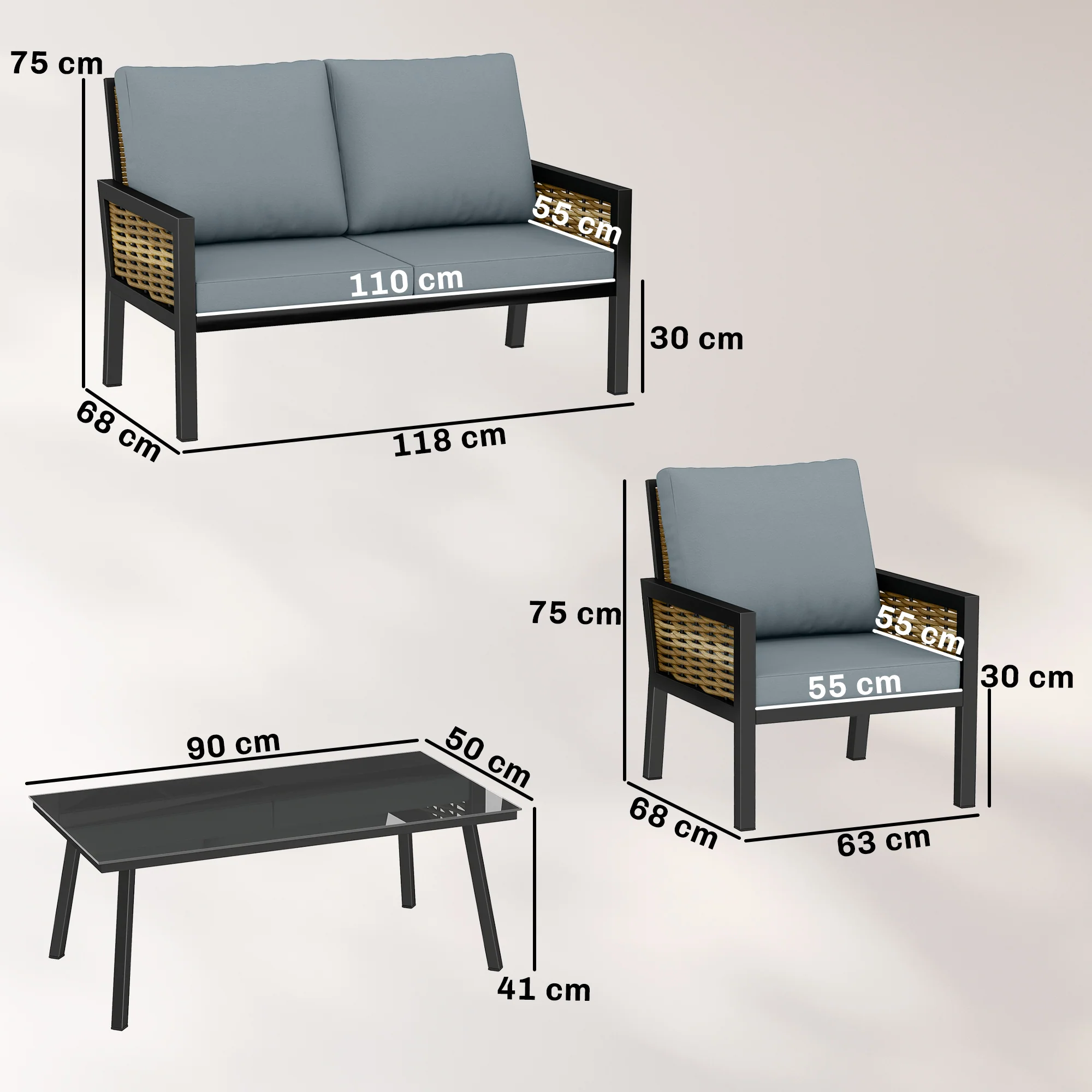 4-Seater Rattan Sofa Set with Cushions, Loveseat, 2 Armchairs & Coffee Table Grey - Image 5