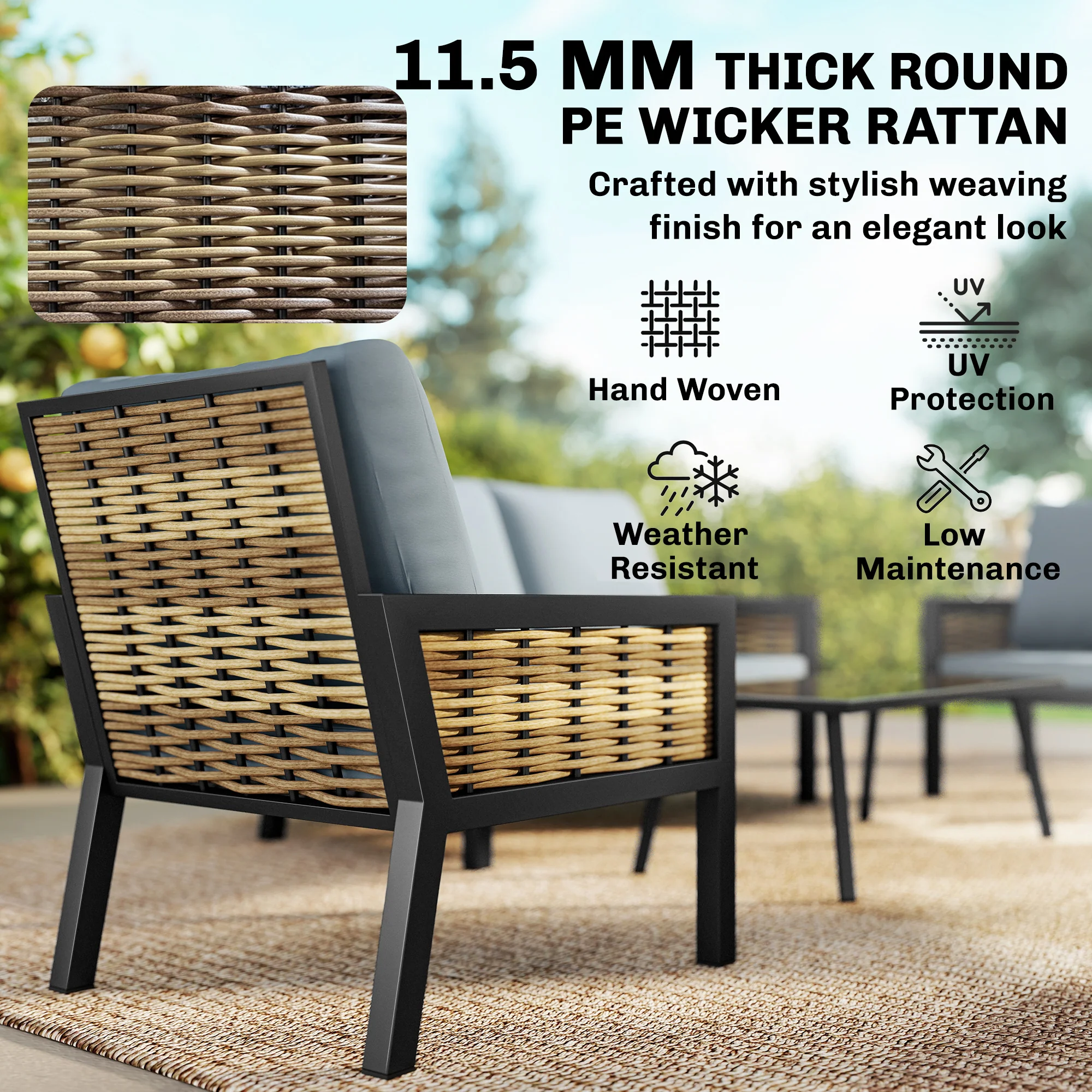 4-Seater Rattan Sofa Set with Cushions, Loveseat, 2 Armchairs & Coffee Table Grey - Image 6