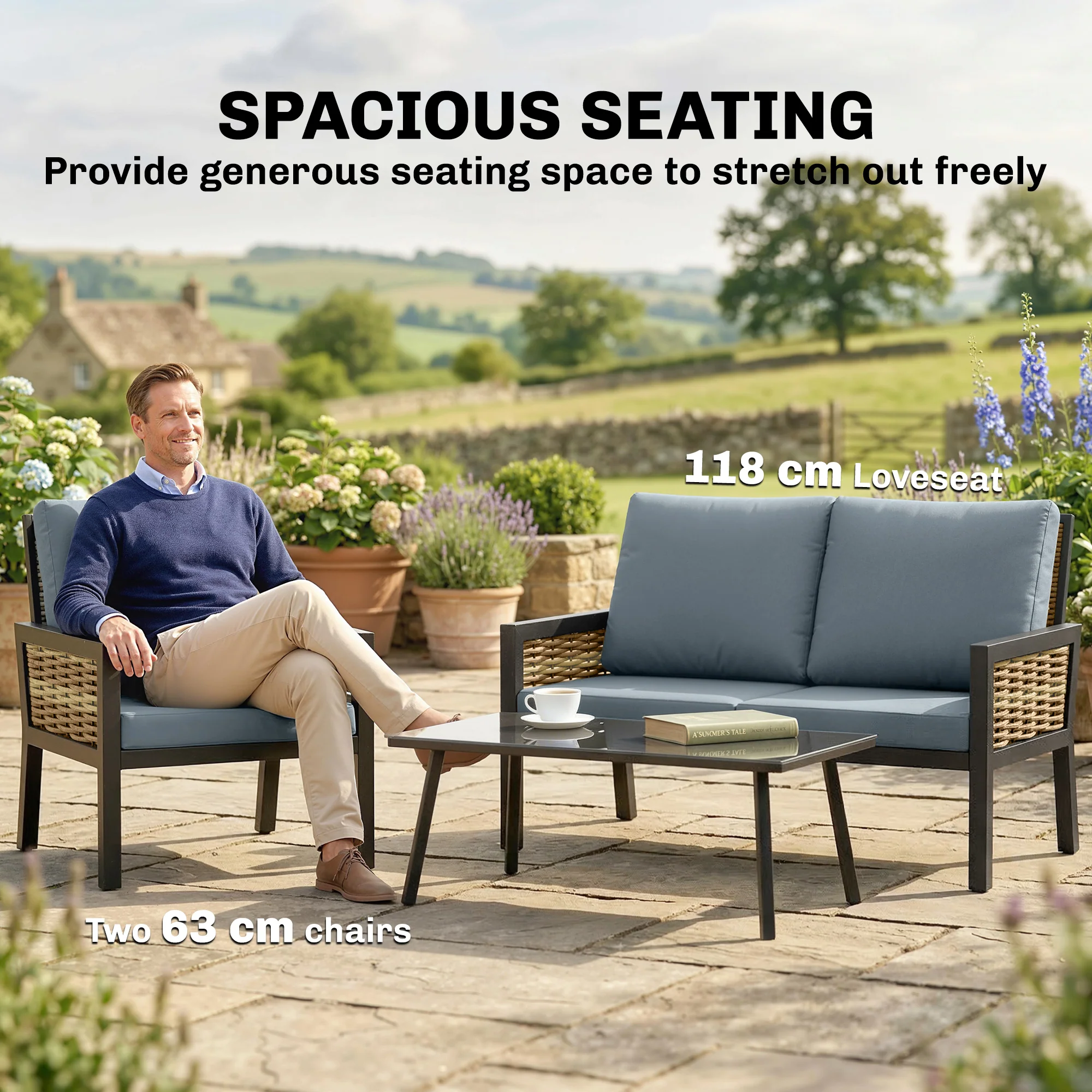 4-Seater Rattan Sofa Set with Cushions, Loveseat, 2 Armchairs & Coffee Table Grey - Image 8