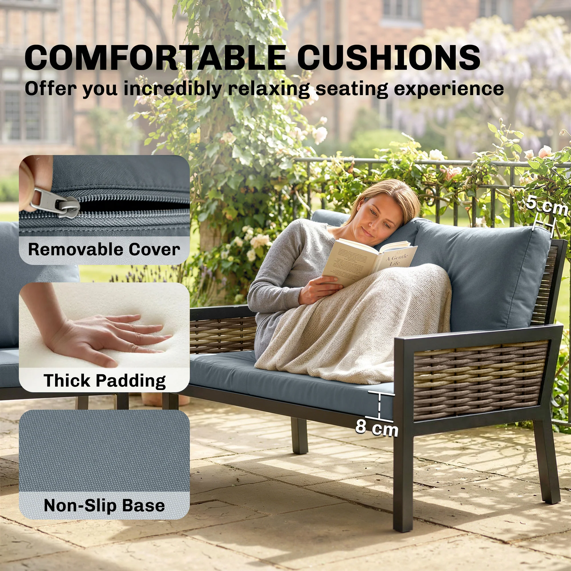 4-Seater Rattan Sofa Set with Cushions, Loveseat, 2 Armchairs & Coffee Table Grey - Image 9