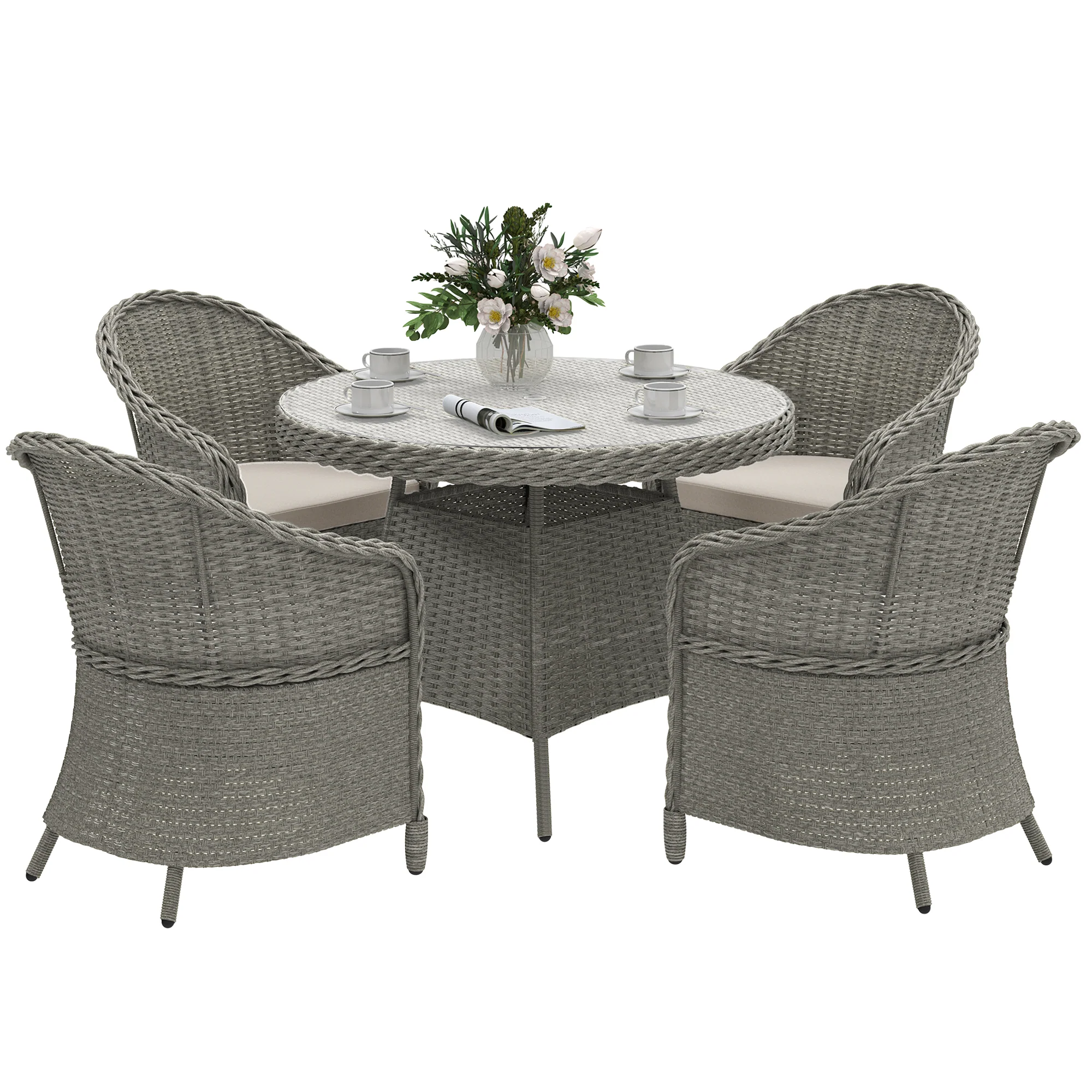 4 Seater Rattan Dining Set with Cushions, Parasol Hole & Round Glass Top Table, Grey