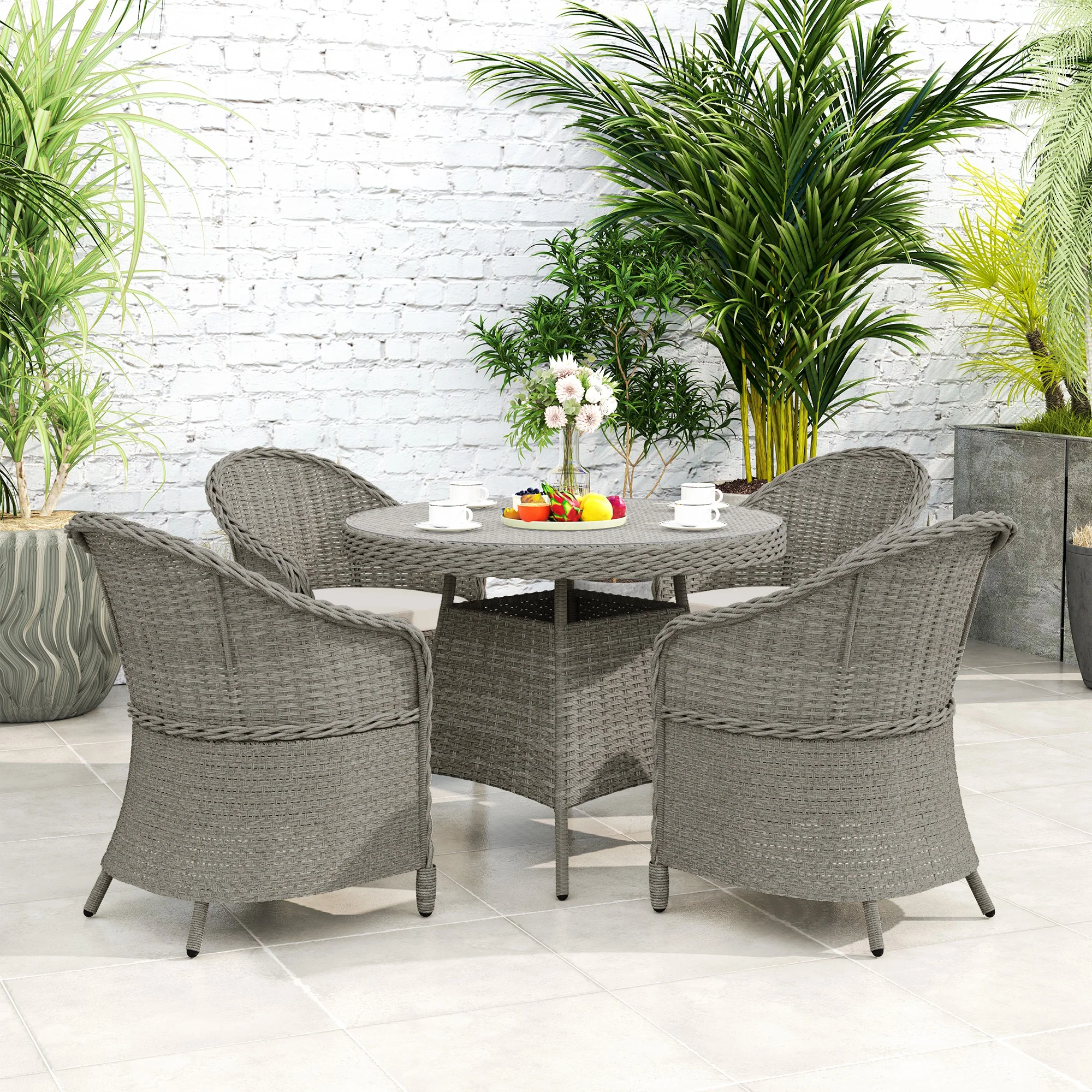 4 Seater Rattan Dining Set with Cushions, Parasol Hole & Round Glass Top Table, Grey - Image 11