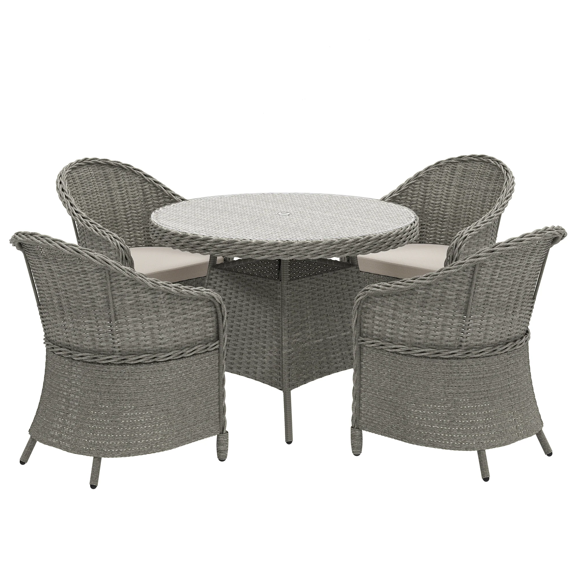 4 Seater Rattan Dining Set with Cushions, Parasol Hole & Round Glass Top Table, Grey - Image 12