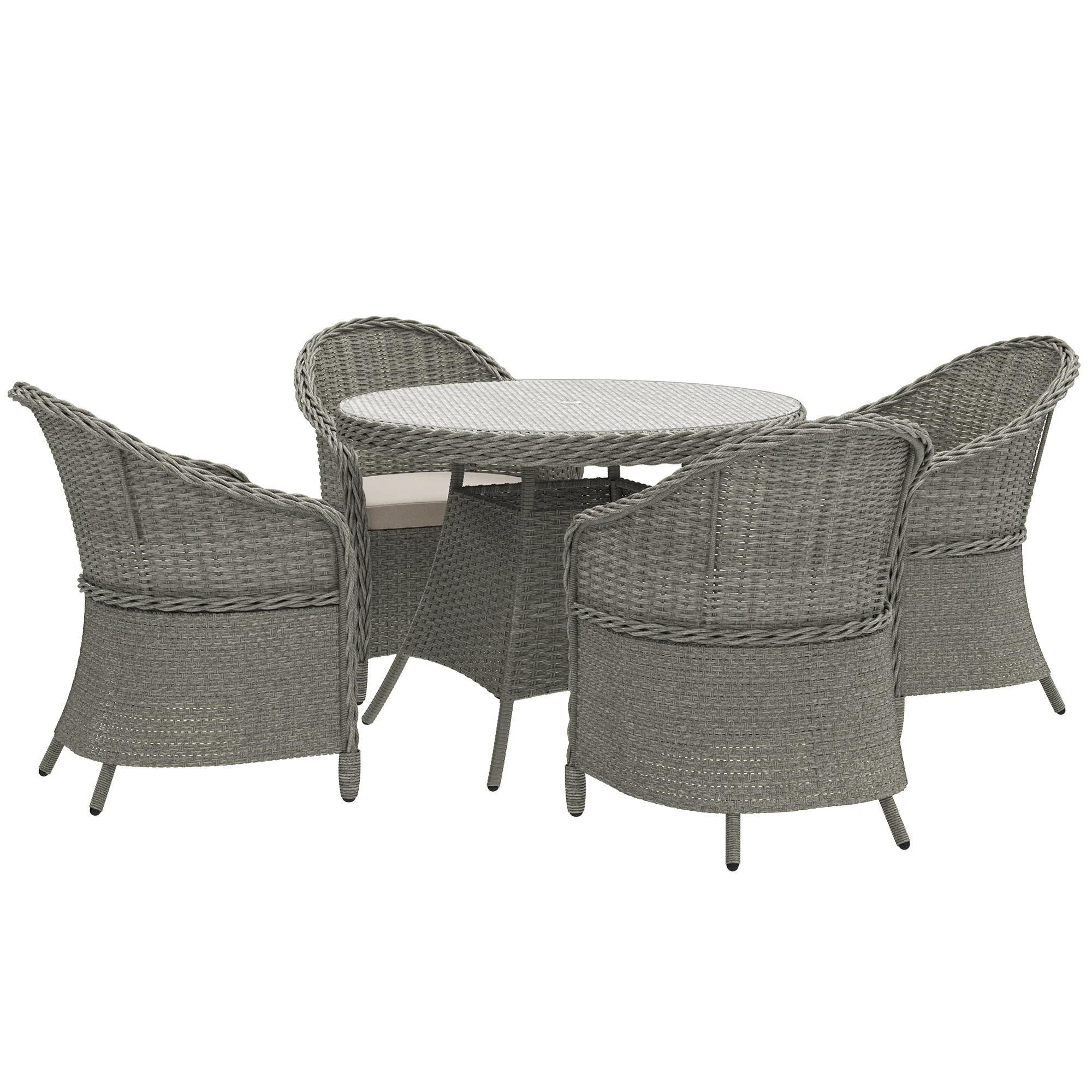 4 Seater Rattan Dining Set with Cushions, Parasol Hole & Round Glass Top Table, Grey - Image 2