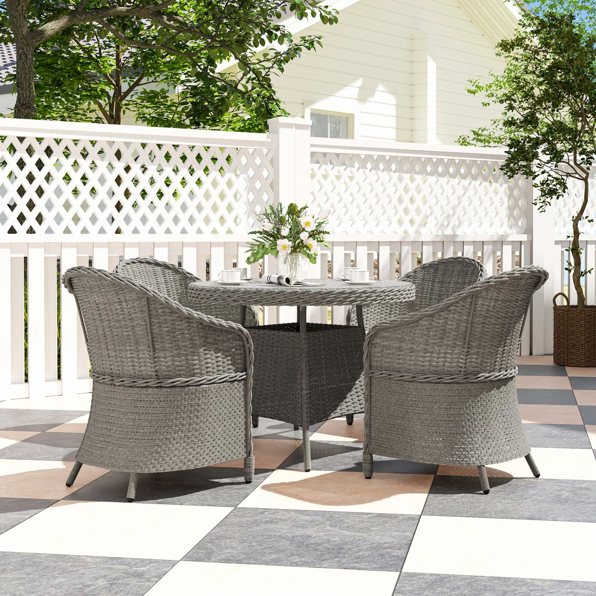 4 Seater Rattan Dining Set with Cushions, Parasol Hole & Round Glass Top Table, Grey - Image 4