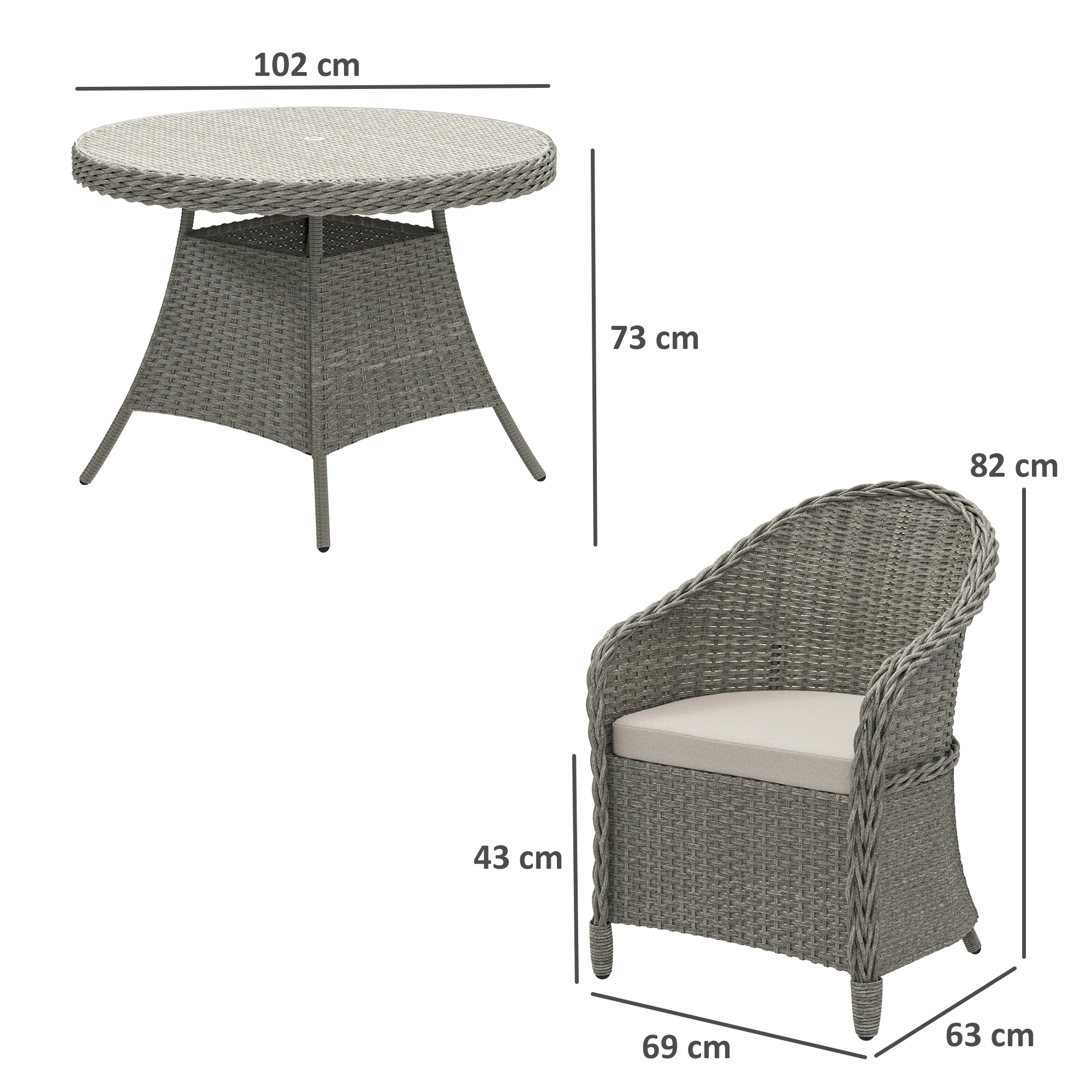 4 Seater Rattan Dining Set with Cushions, Parasol Hole & Round Glass Top Table, Grey - Image 5