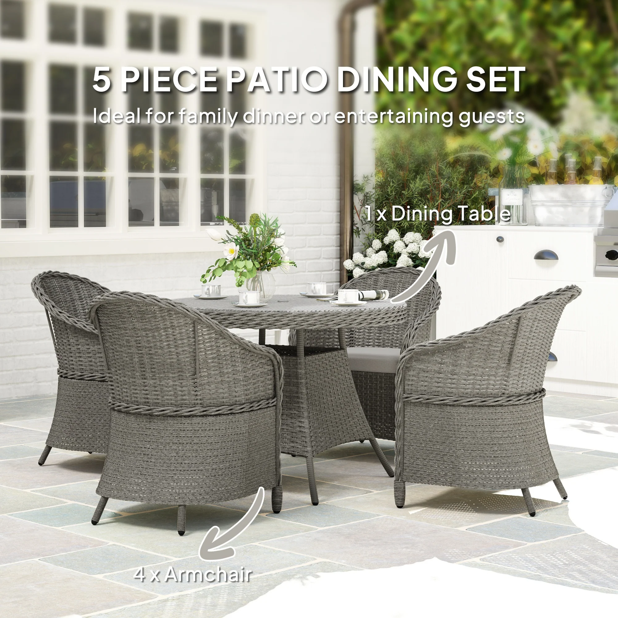 4 Seater Rattan Dining Set with Cushions, Parasol Hole & Round Glass Top Table, Grey - Image 6
