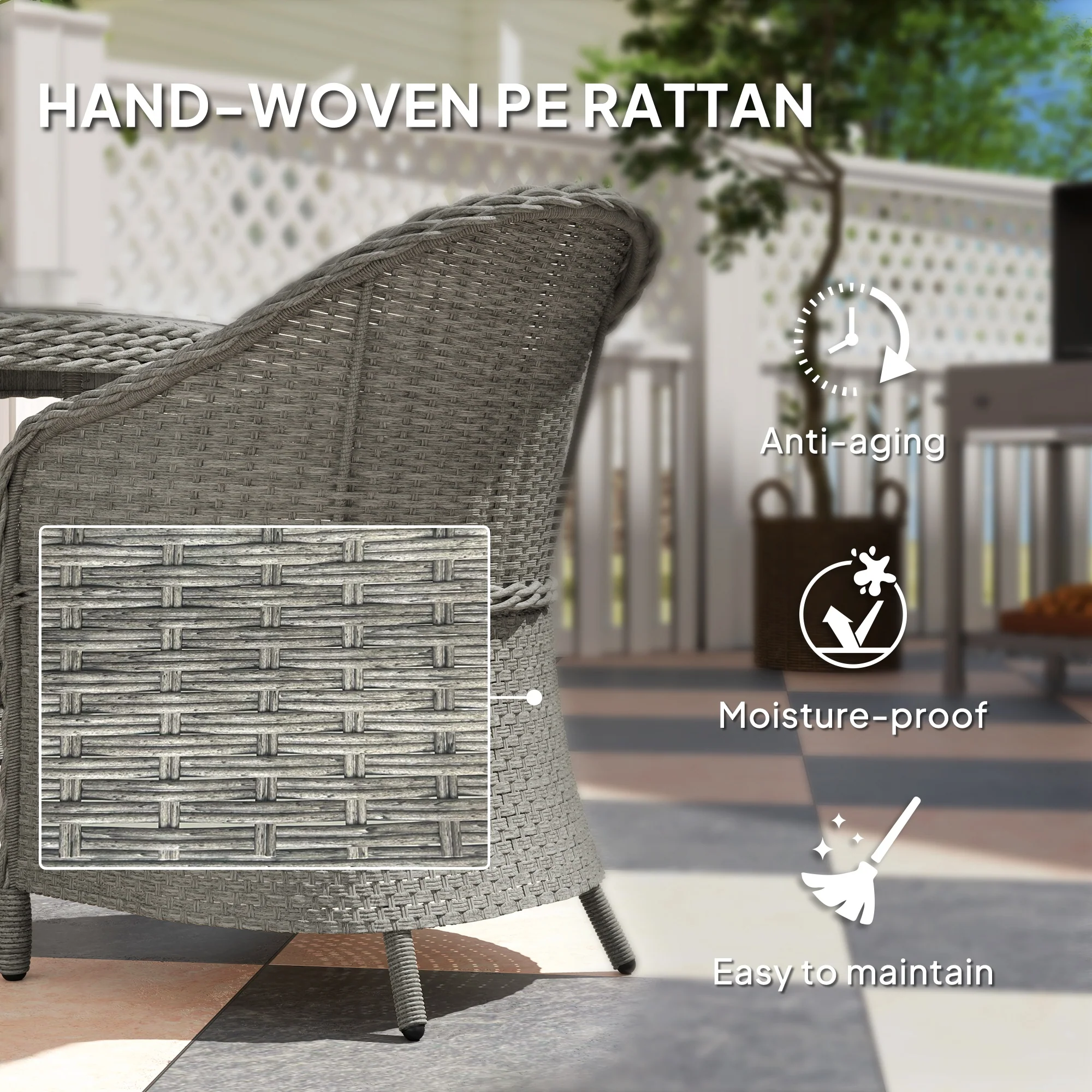 4 Seater Rattan Dining Set with Cushions, Parasol Hole & Round Glass Top Table, Grey - Image 8