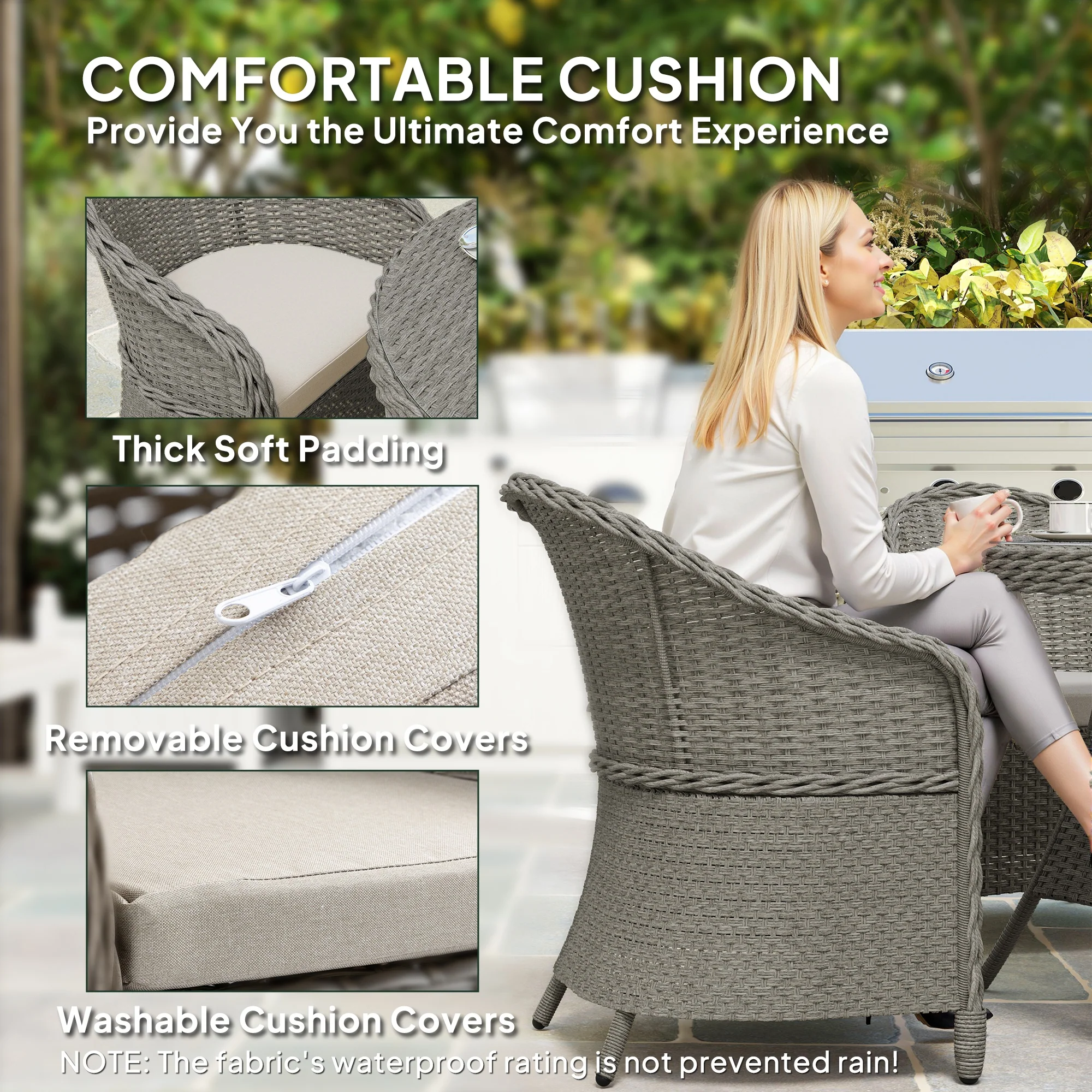 4 Seater Rattan Dining Set with Cushions, Parasol Hole & Round Glass Top Table, Grey - Image 9