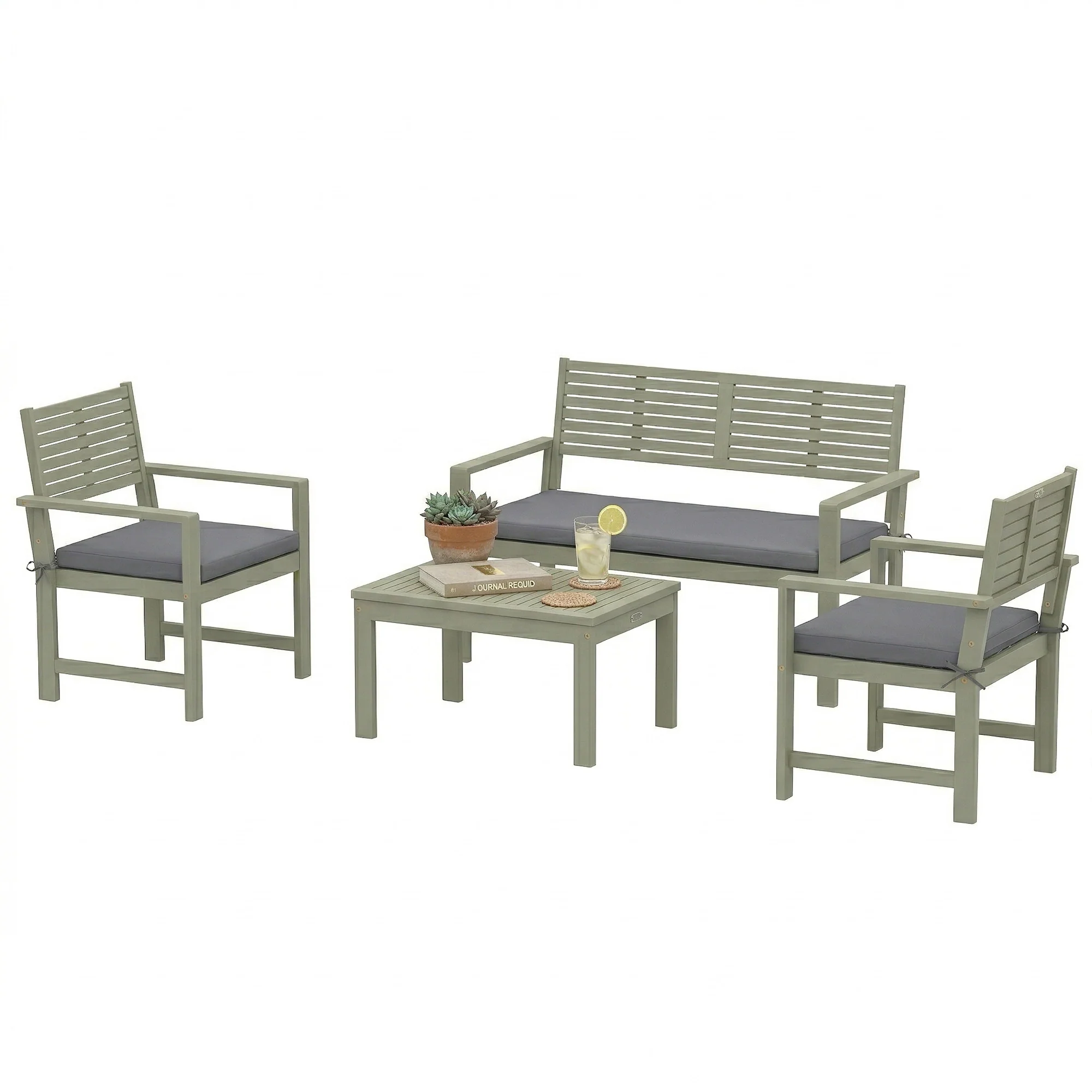 4-Seater Acacia Garden Set with Loveseat, 2 Chairs & Wood Table, Light Grey - Image 2