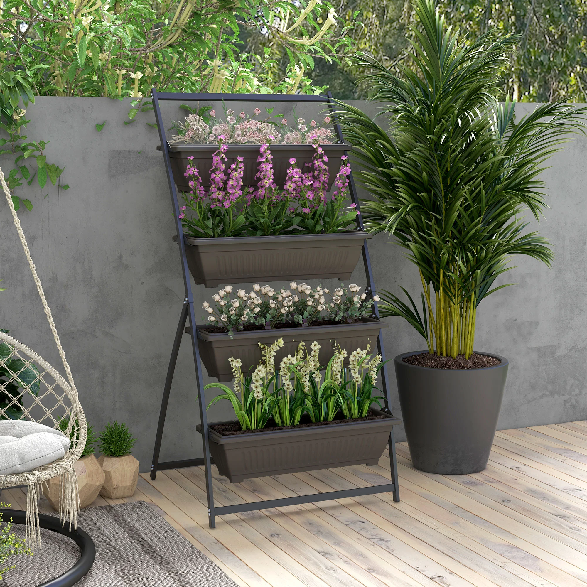 4-Tier Vertical Garden Bed with 4 Planters and Drainage Holes, Brown - Image 3