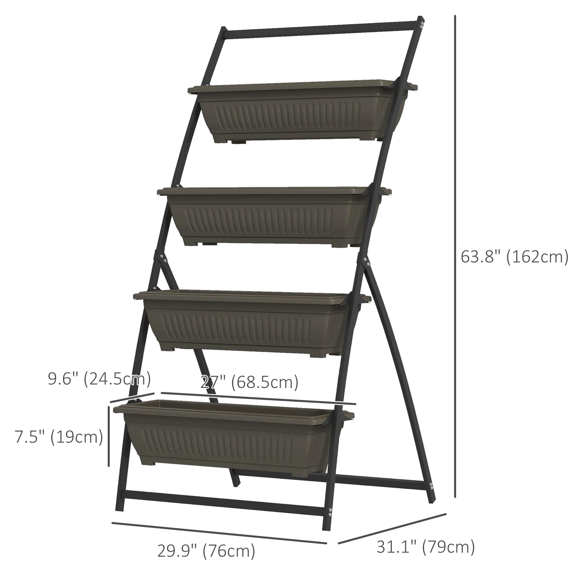 4-Tier Vertical Garden Bed with 4 Planters and Drainage Holes, Brown - Image 5