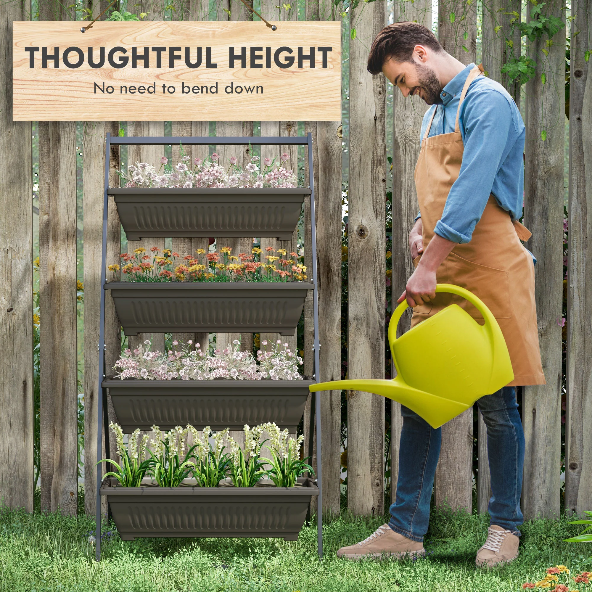 4-Tier Vertical Garden Bed with 4 Planters and Drainage Holes, Brown - Image 7