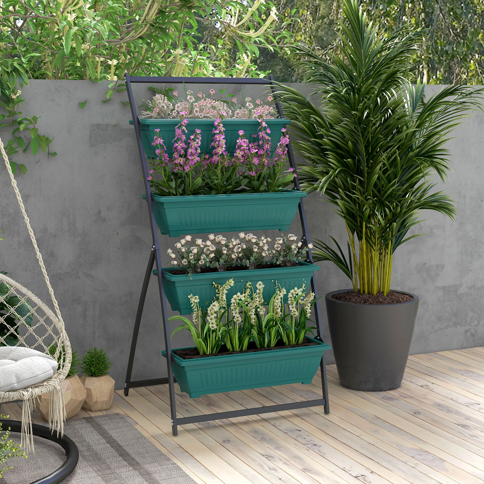 4-Tier Vertical Garden Bed with 4 Planters and Drainage Holes, Green - Image 3