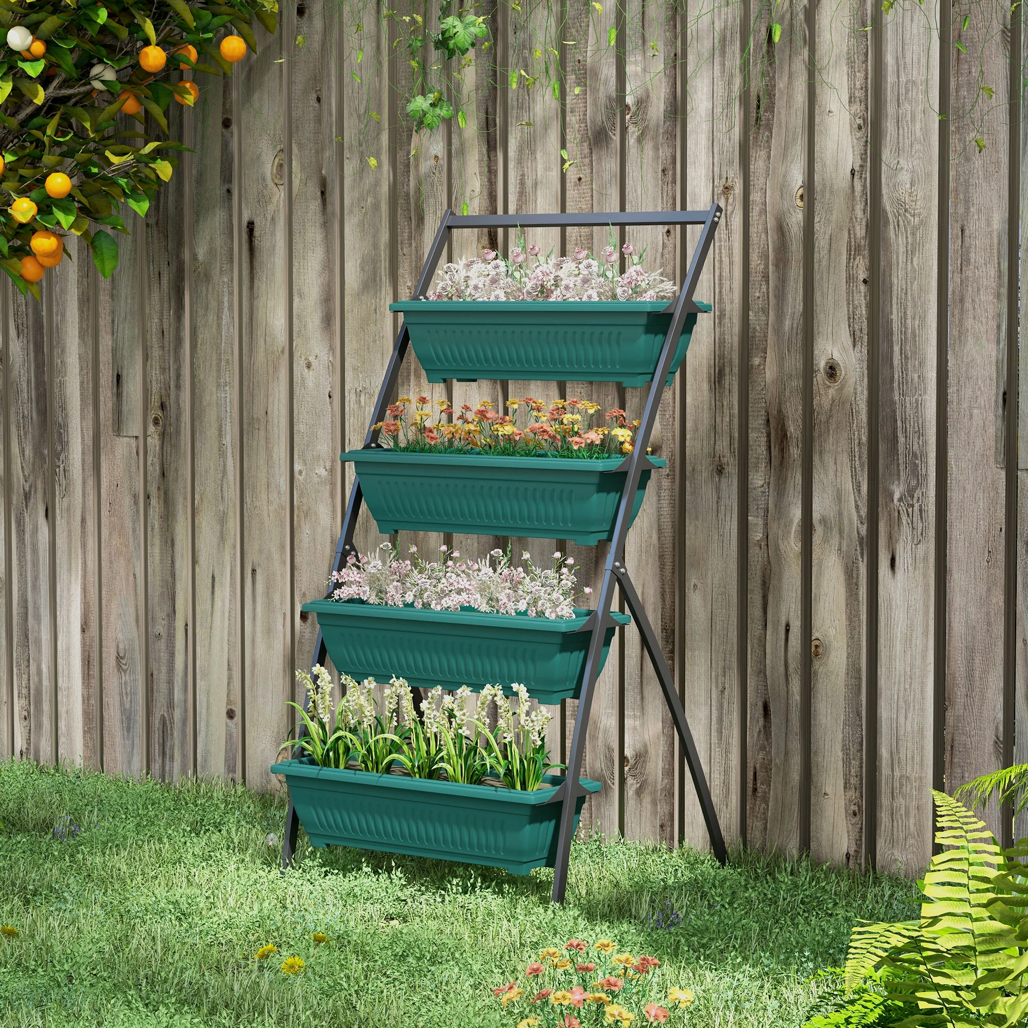 4-Tier Vertical Garden Bed with 4 Planters and Drainage Holes, Green - Image 4