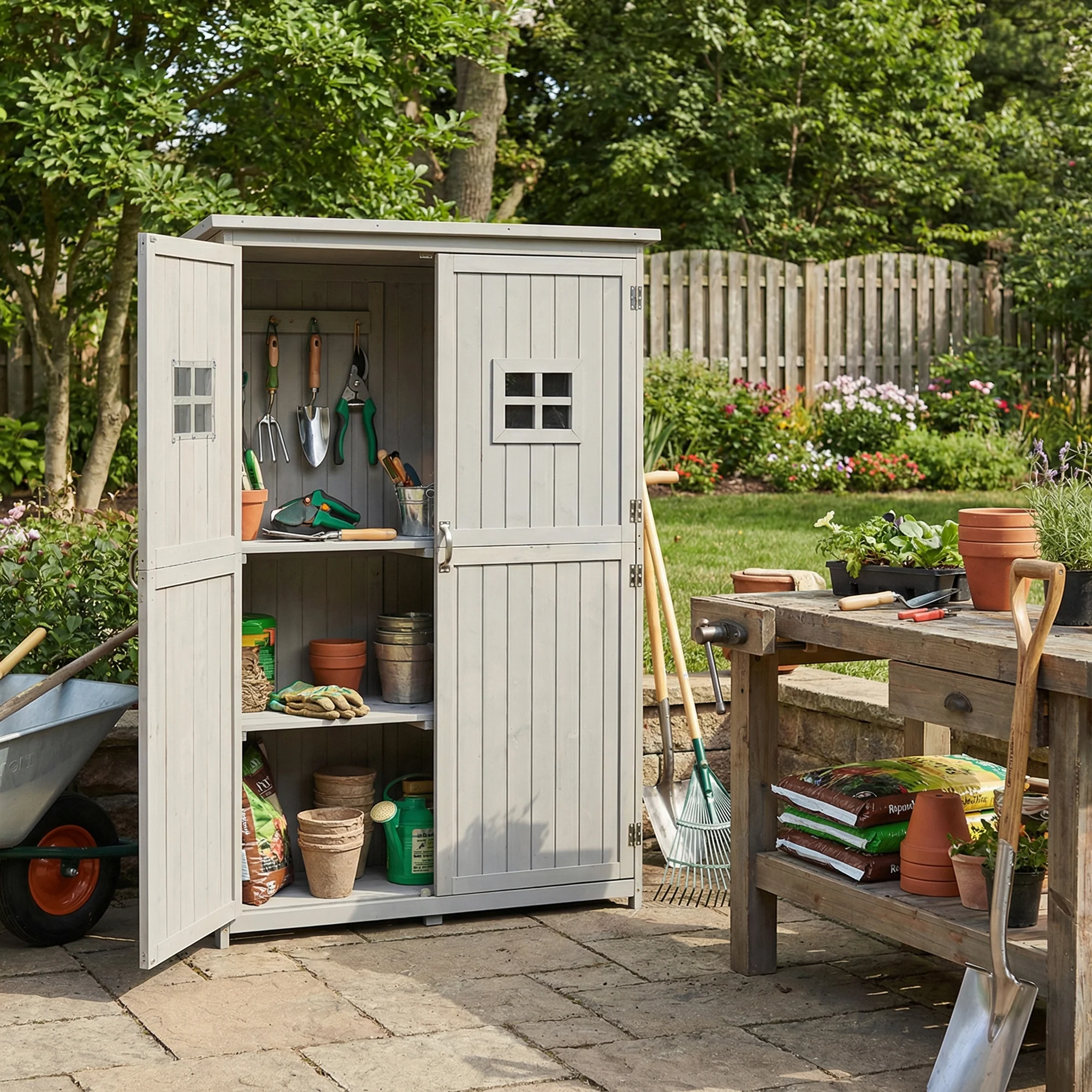 Wooden Tool Storage Cabinet with 2 Windows & Double Door for Garden and Patio, Grey - Image 3