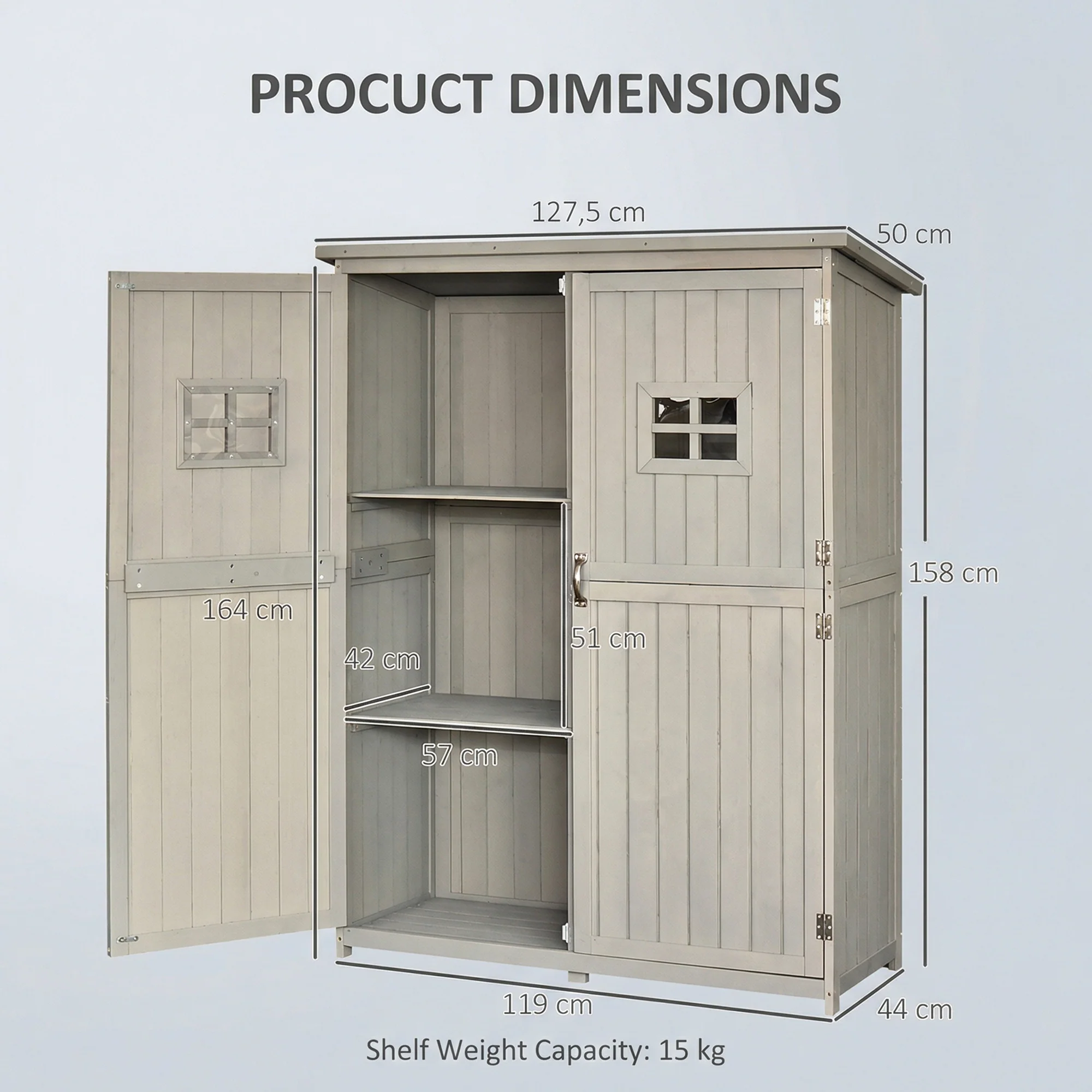 Wooden Tool Storage Cabinet with 2 Windows & Double Door for Garden and Patio, Grey - Image 5