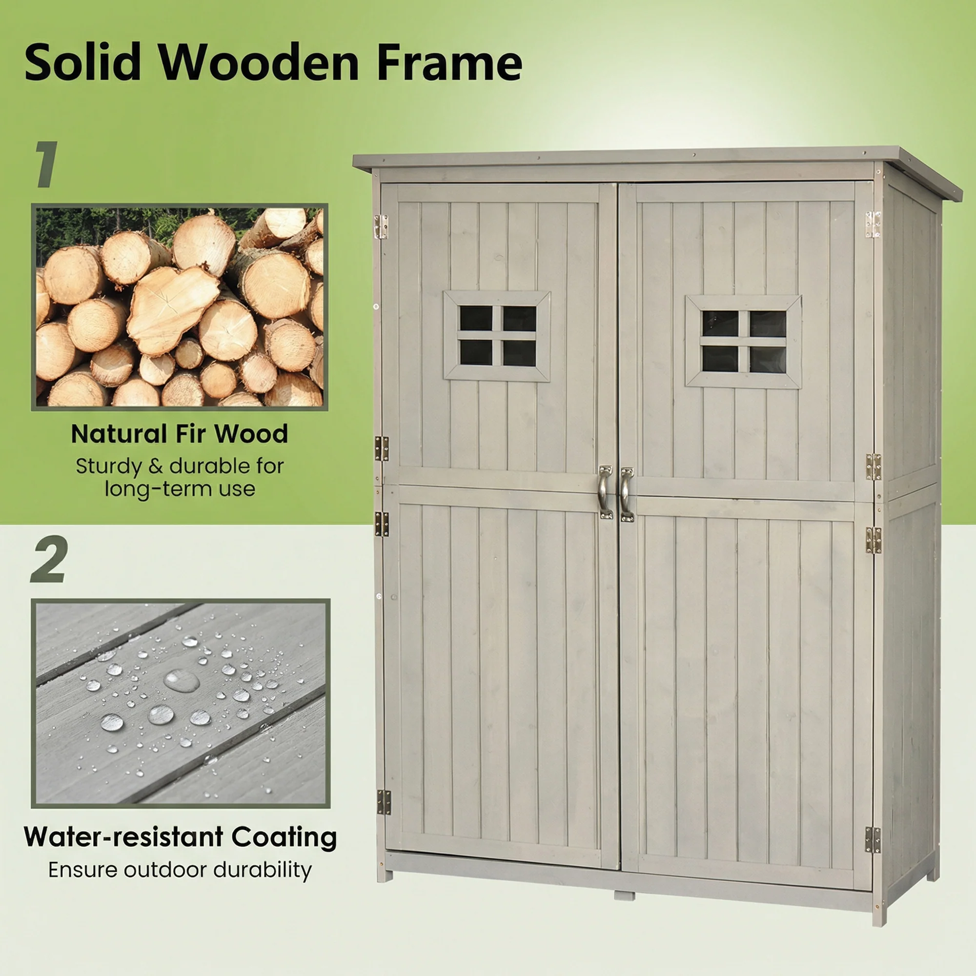 Wooden Tool Storage Cabinet with 2 Windows & Double Door for Garden and Patio, Grey - Image 7