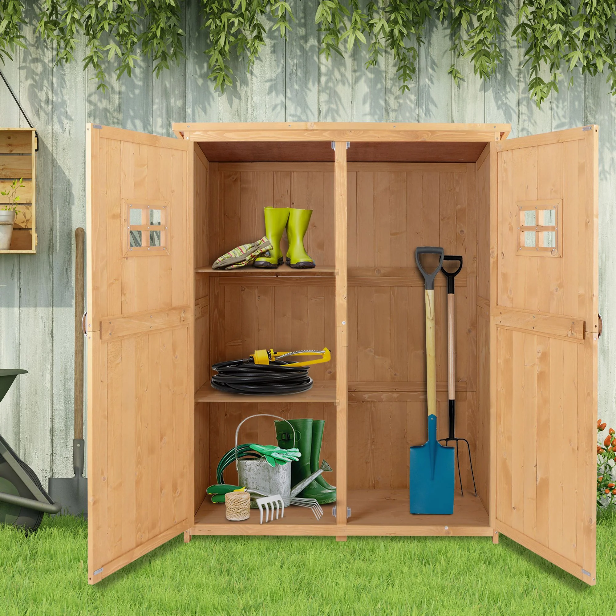 4' x 1.5' Wooden Garden Shed with Two Windows & Double Door, Natural - Image 9