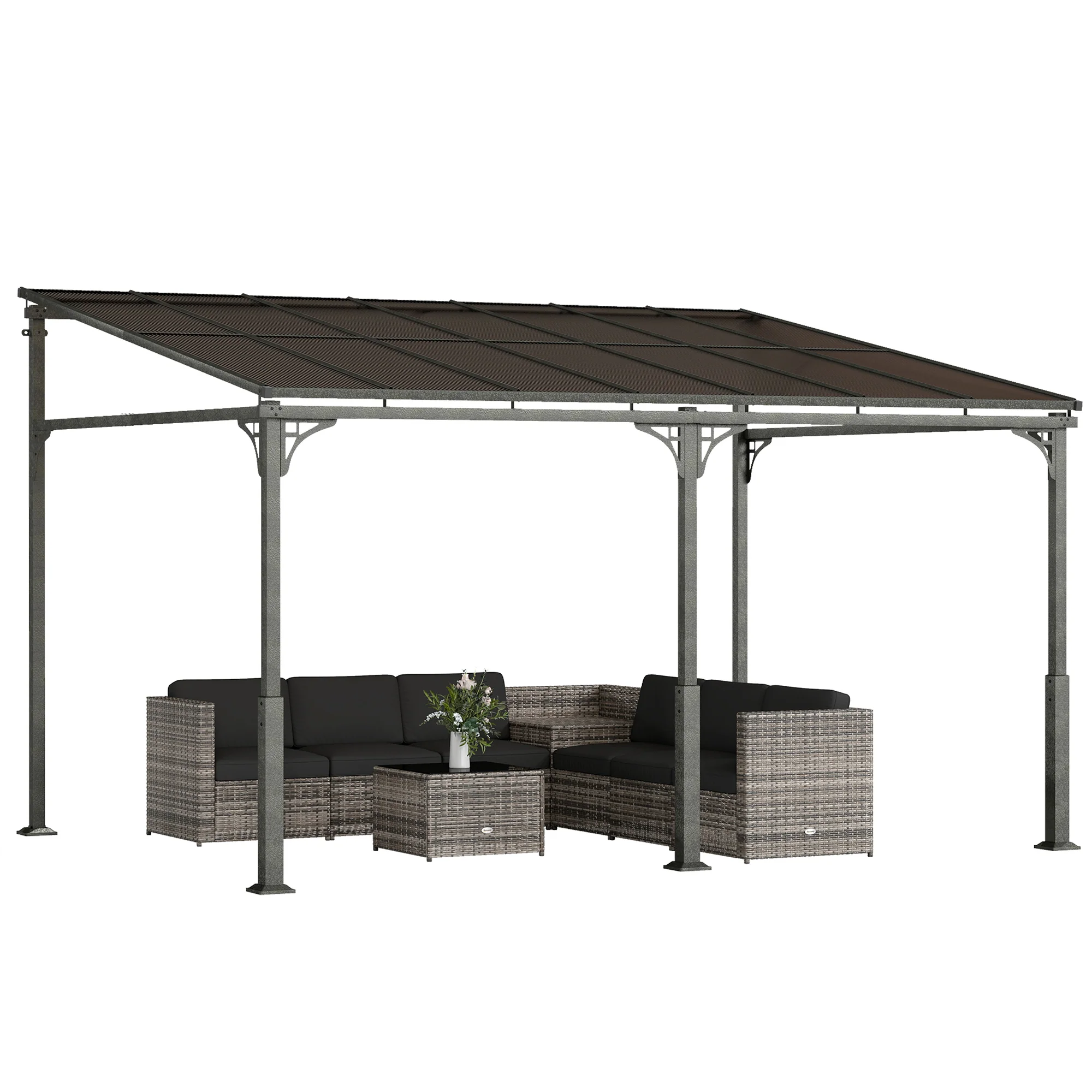 4 x 3 m Metal Lean-to Pergola with Polycarbonate Roof, Brown