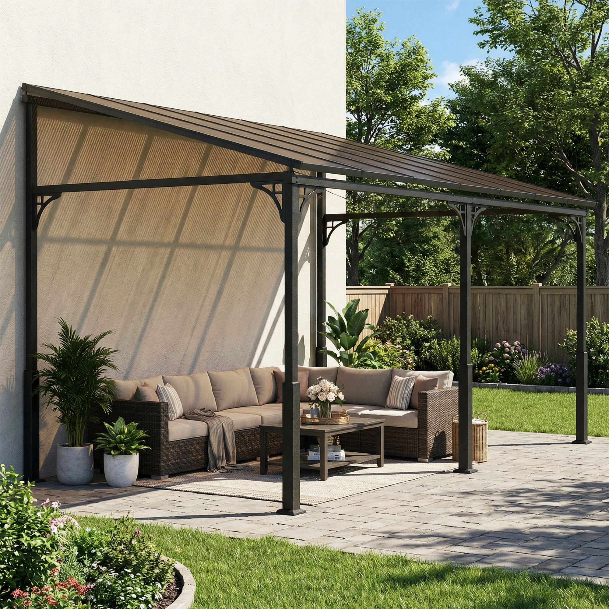 4 x 3 m Metal Lean-to Pergola with Polycarbonate Roof, Brown - Image 10