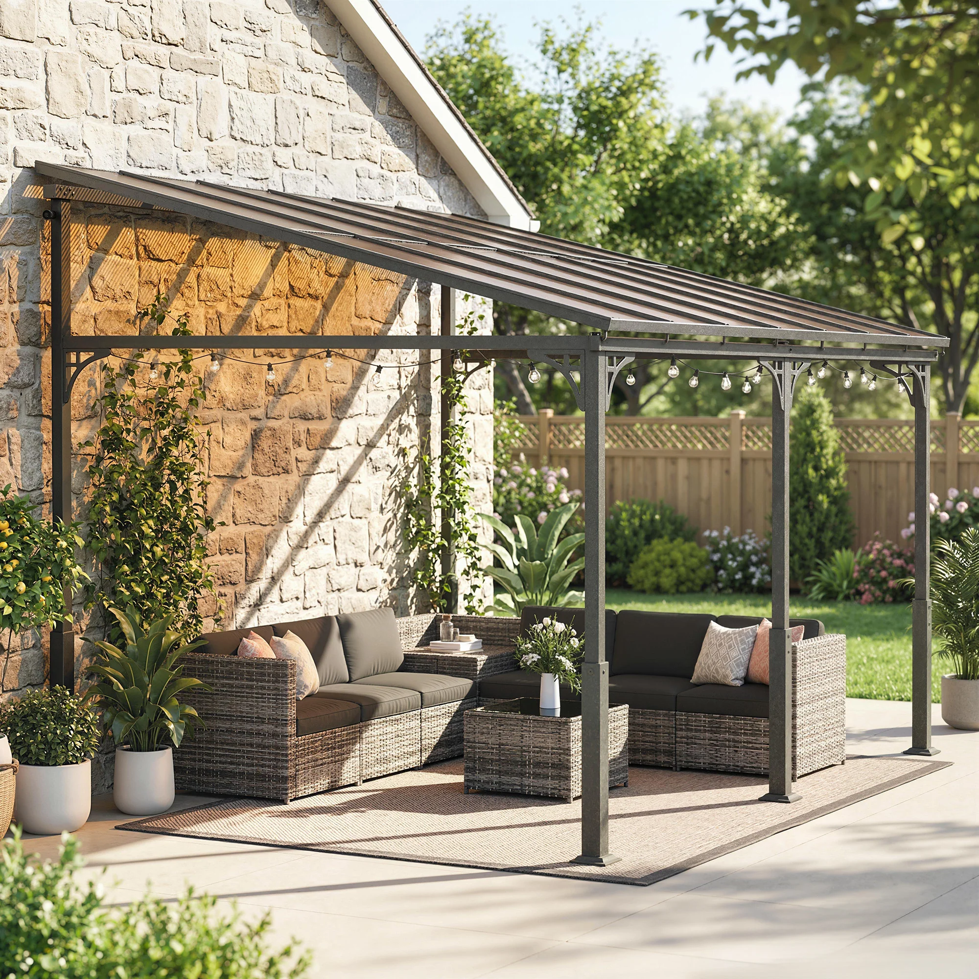 4 x 3 m Metal Lean-to Pergola with Polycarbonate Roof, Brown - Image 11