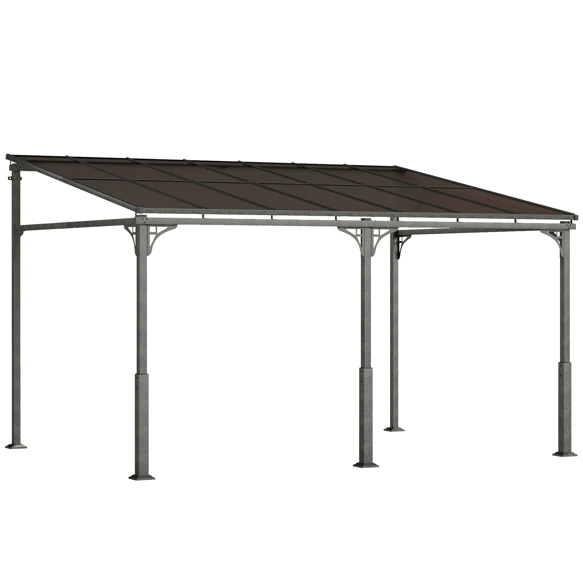 4 x 3 m Metal Lean-to Pergola with Polycarbonate Roof, Brown - Image 12