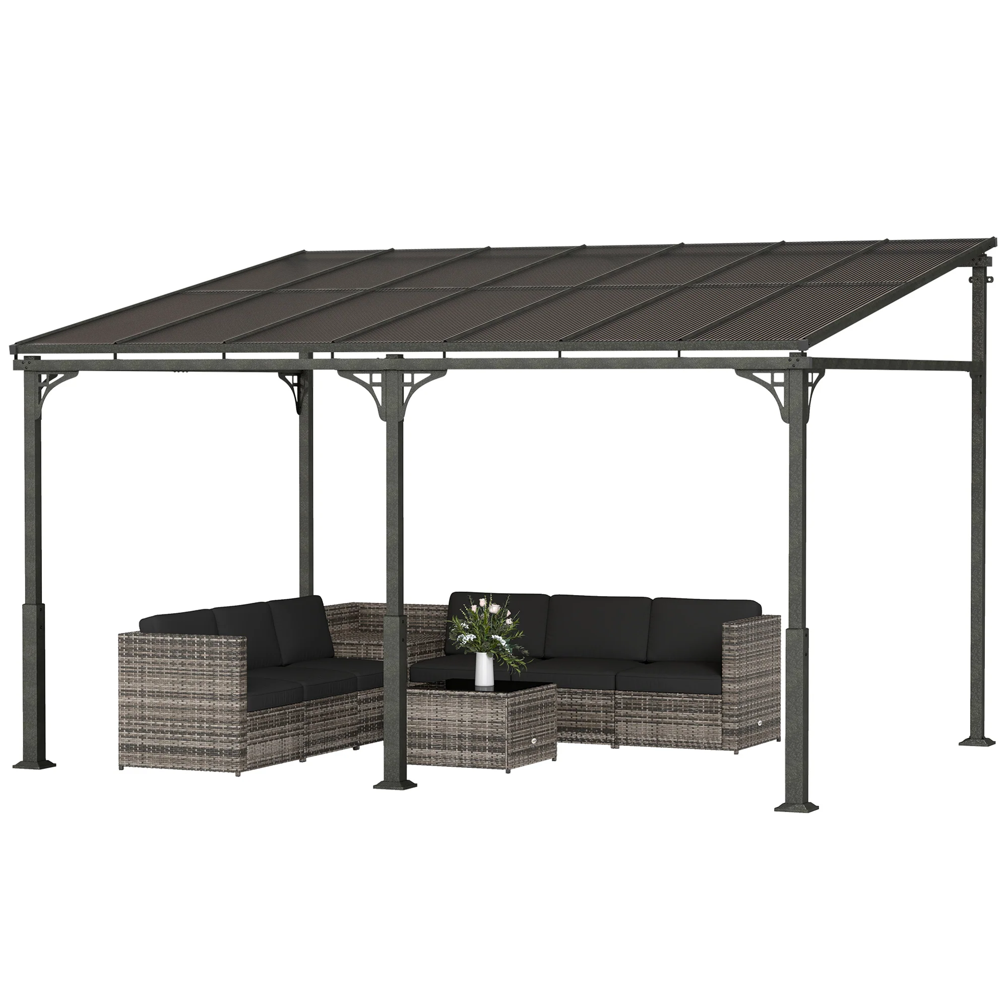 4 x 3 m Metal Lean-to Pergola with Polycarbonate Roof, Brown - Image 2