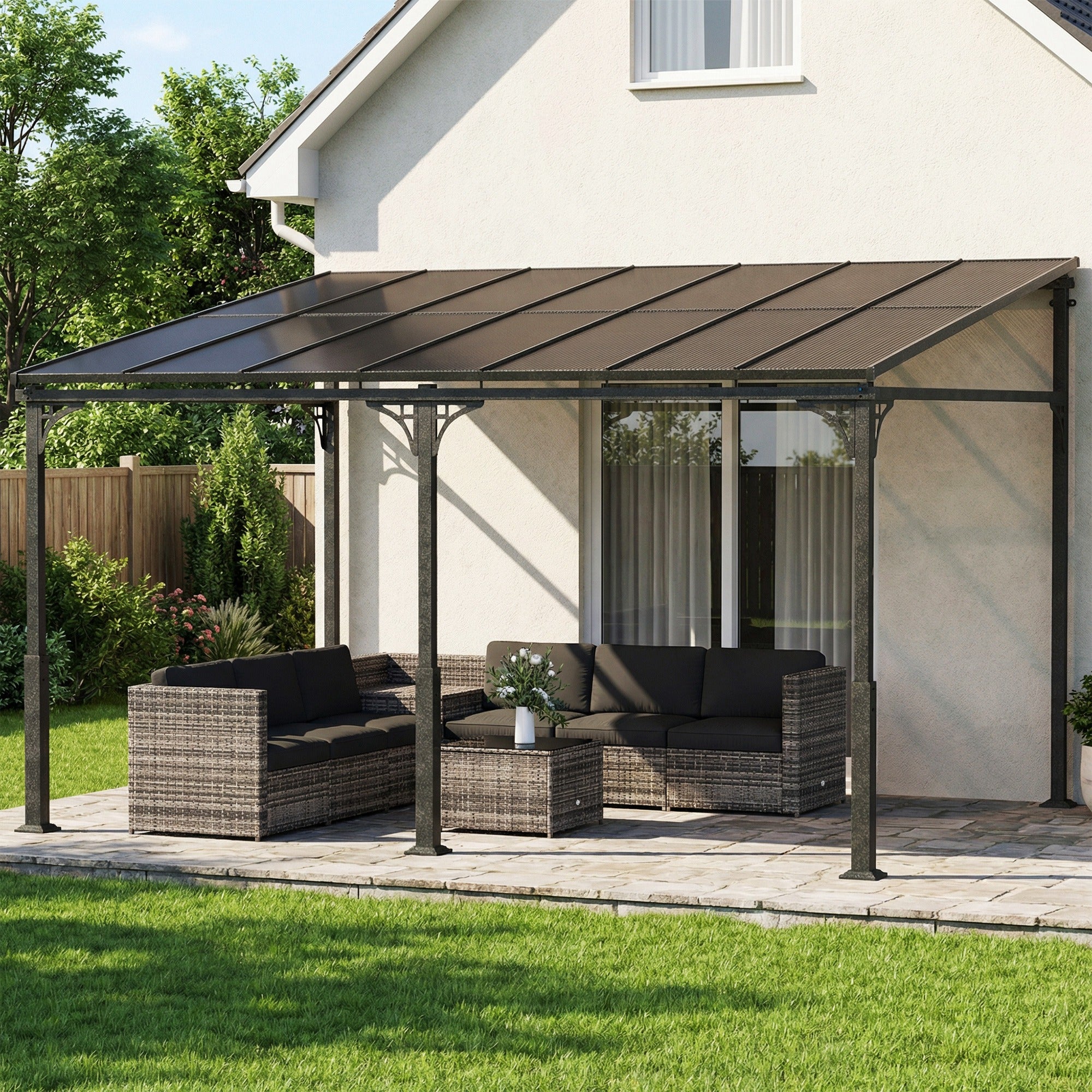 4 x 3 m Metal Lean-to Pergola with Polycarbonate Roof, Brown - Image 3
