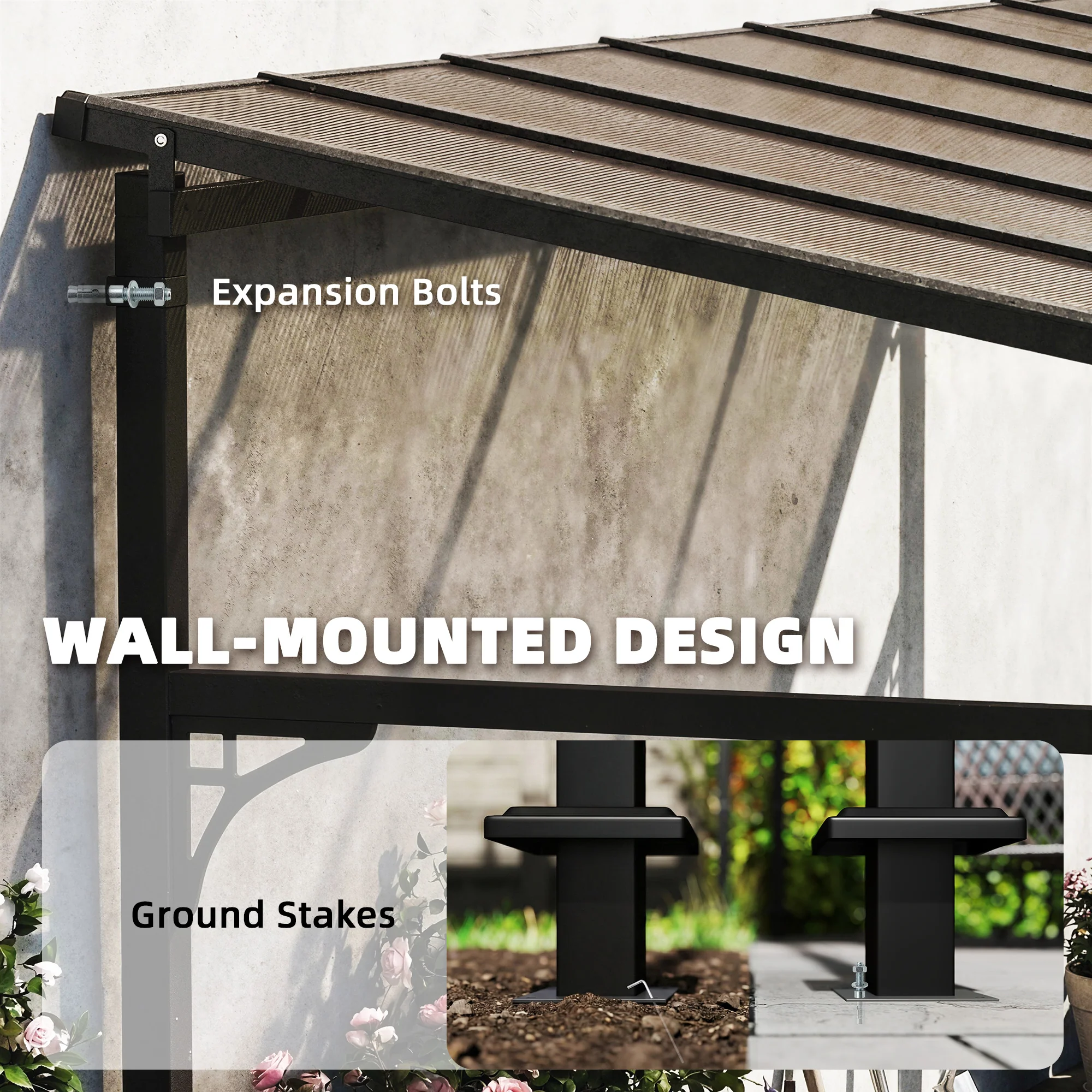 4 x 3 m Metal Lean-to Pergola with Polycarbonate Roof, Brown - Image 6
