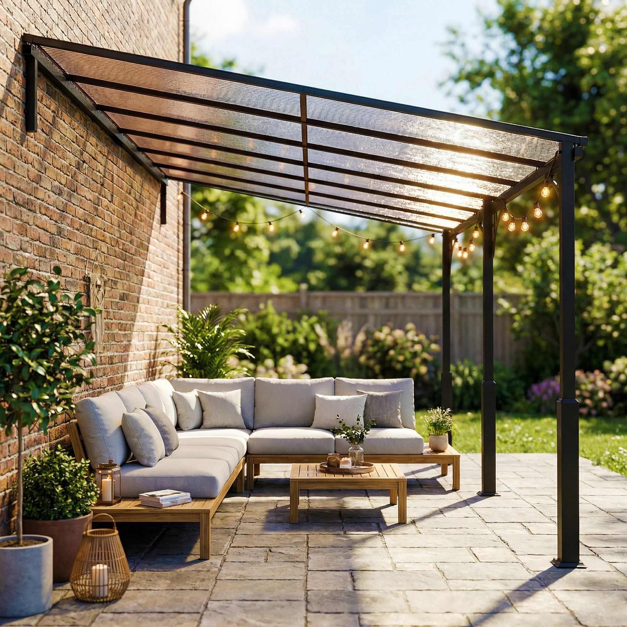 4 x 3 m Metal Lean-to Pergola with Polycarbonate Roof, Brown - Image 10