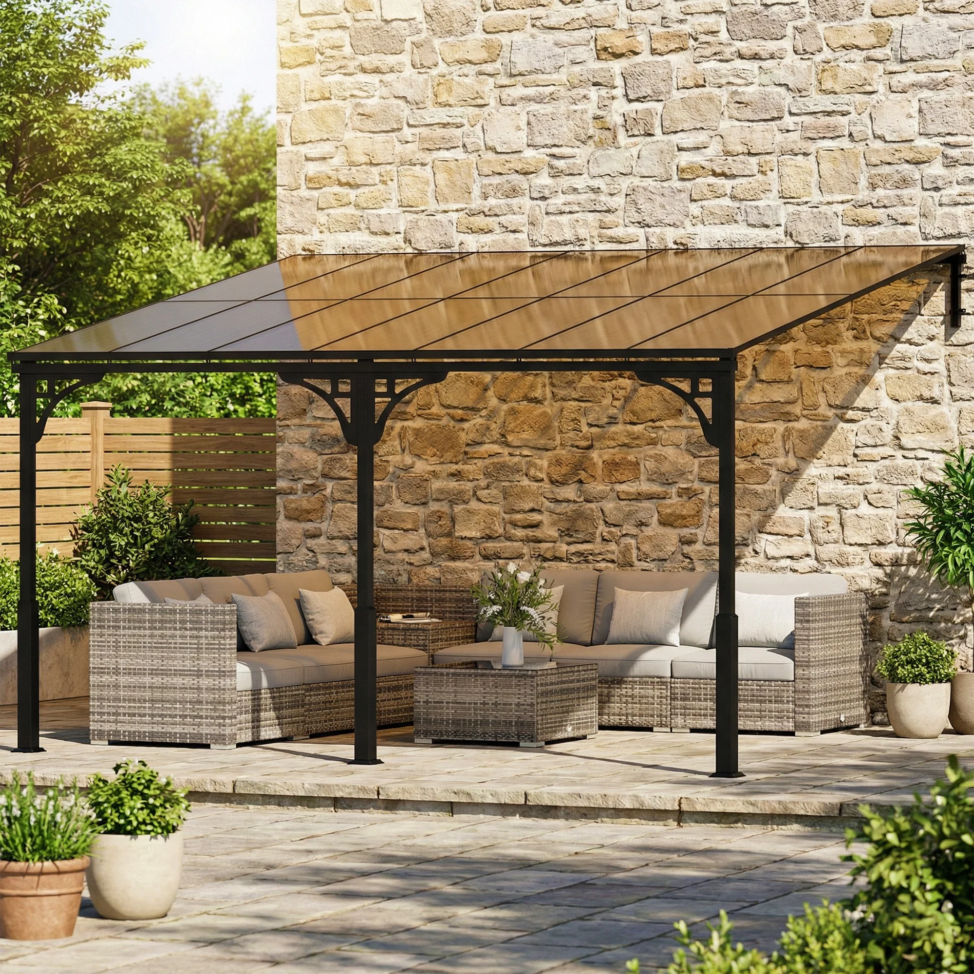 4 x 3 m Metal Lean-to Pergola with Polycarbonate Roof, Brown - Image 11