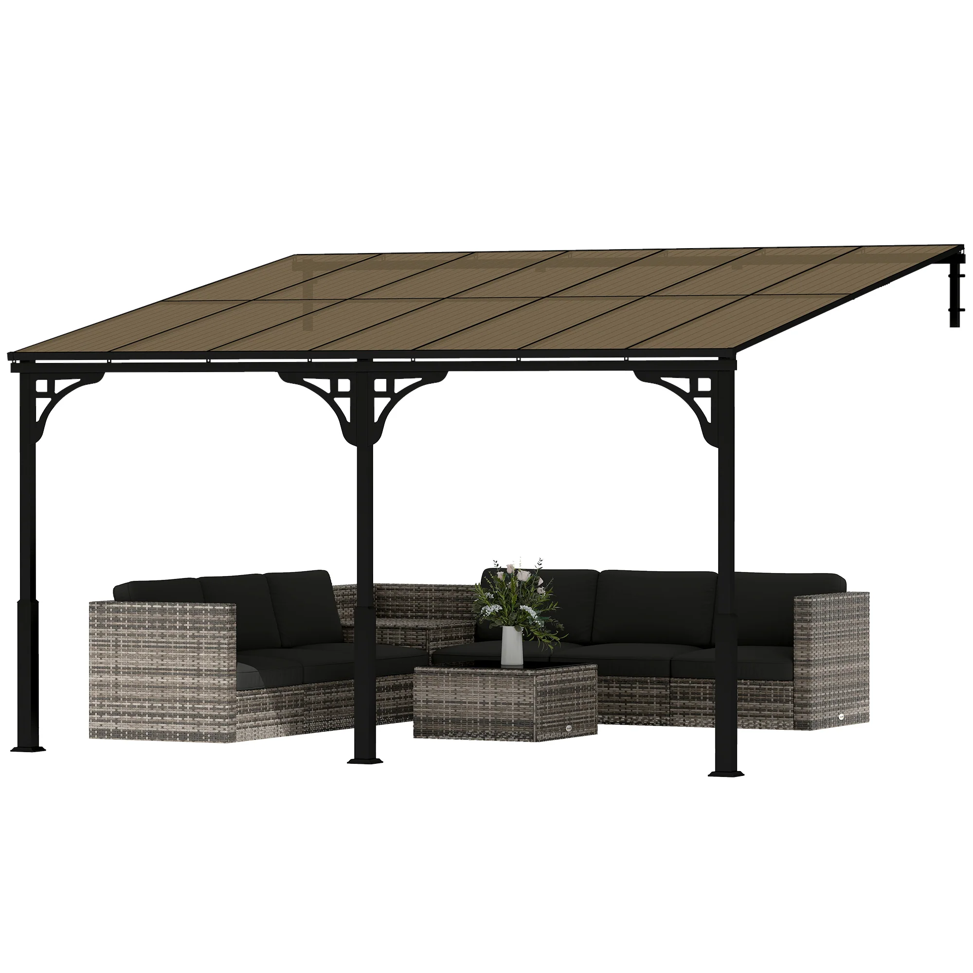 4 x 3 m Metal Lean-to Pergola with Polycarbonate Roof, Brown - Image 2