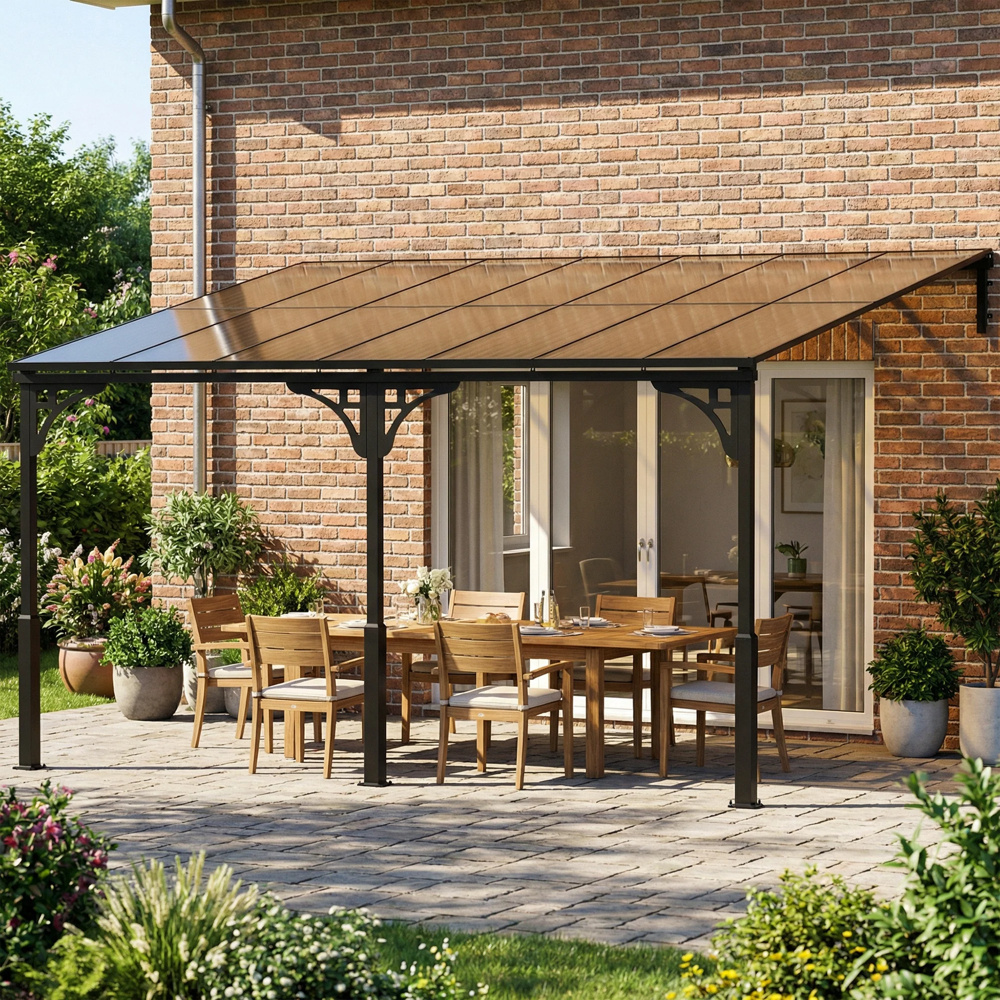 4 x 3 m Metal Lean-to Pergola with Polycarbonate Roof, Brown - Image 3
