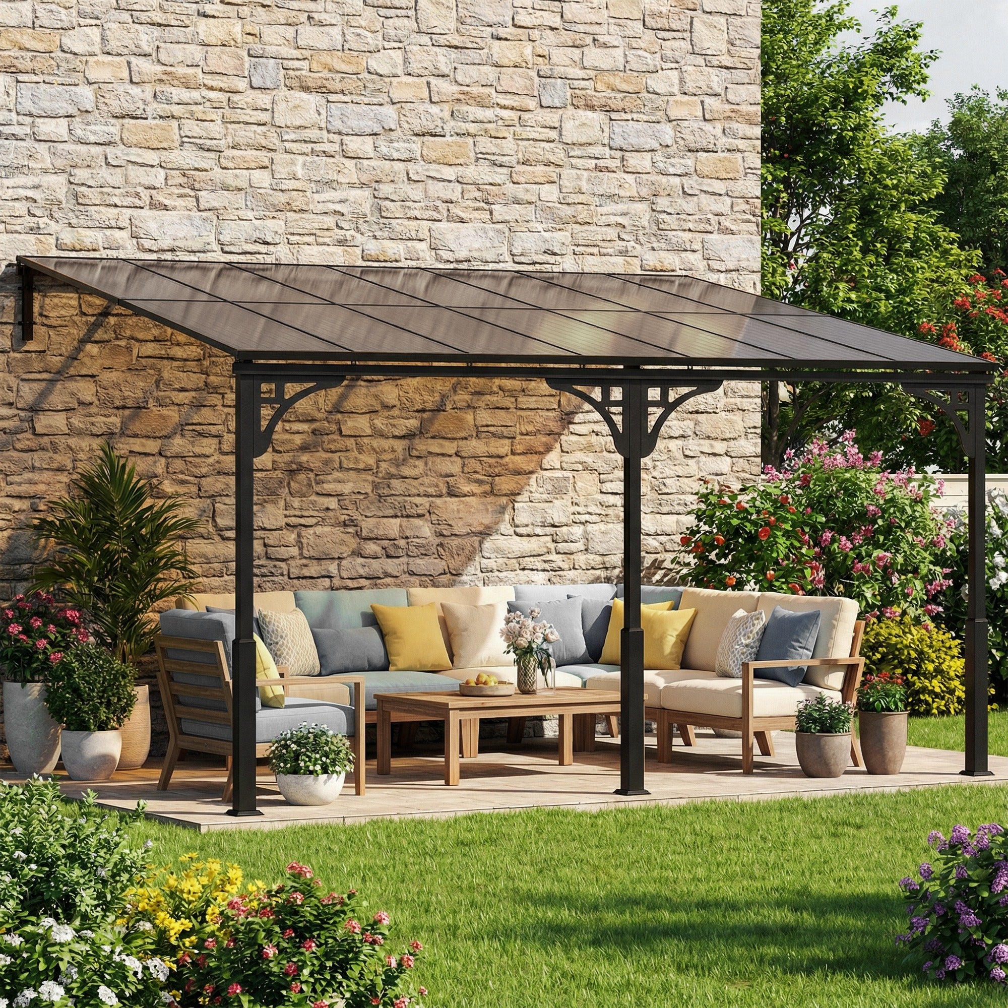 4 x 3 m Metal Lean-to Pergola with Polycarbonate Roof, Brown - Image 4