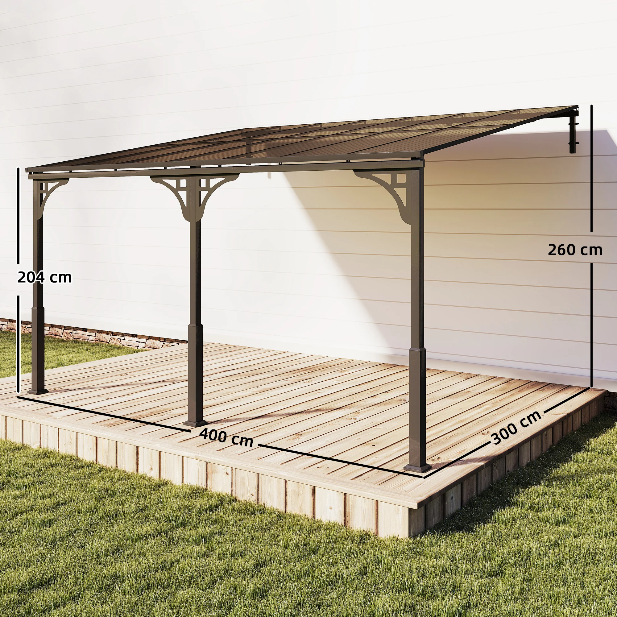 4 x 3 m Metal Lean-to Pergola with Polycarbonate Roof, Brown - Image 5