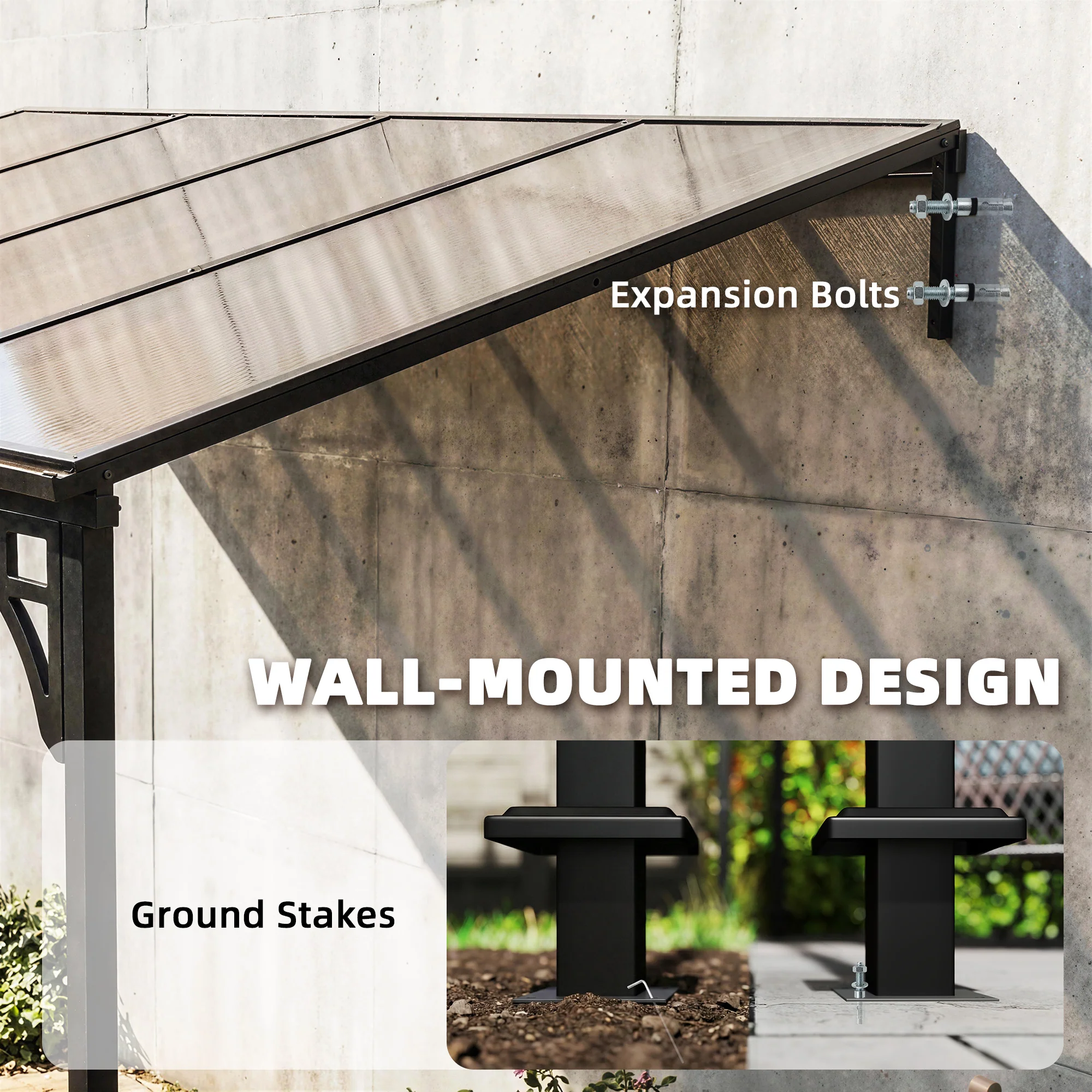 4 x 3 m Metal Lean-to Pergola with Polycarbonate Roof, Brown - Image 6