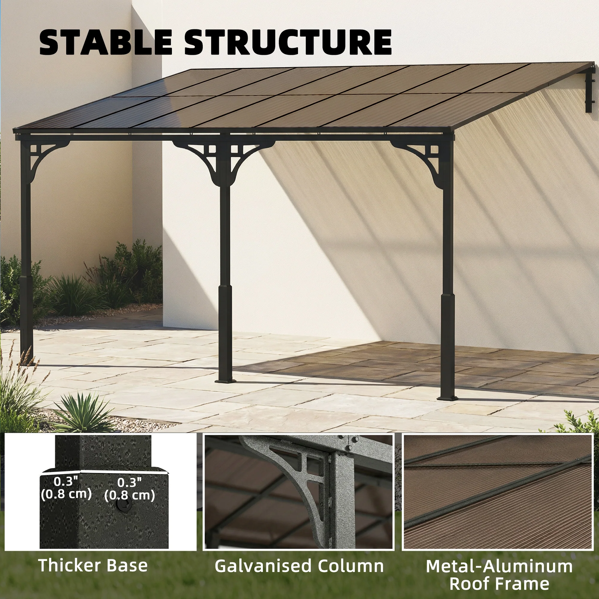 4 x 3 m Metal Lean-to Pergola with Polycarbonate Roof, Brown - Image 9