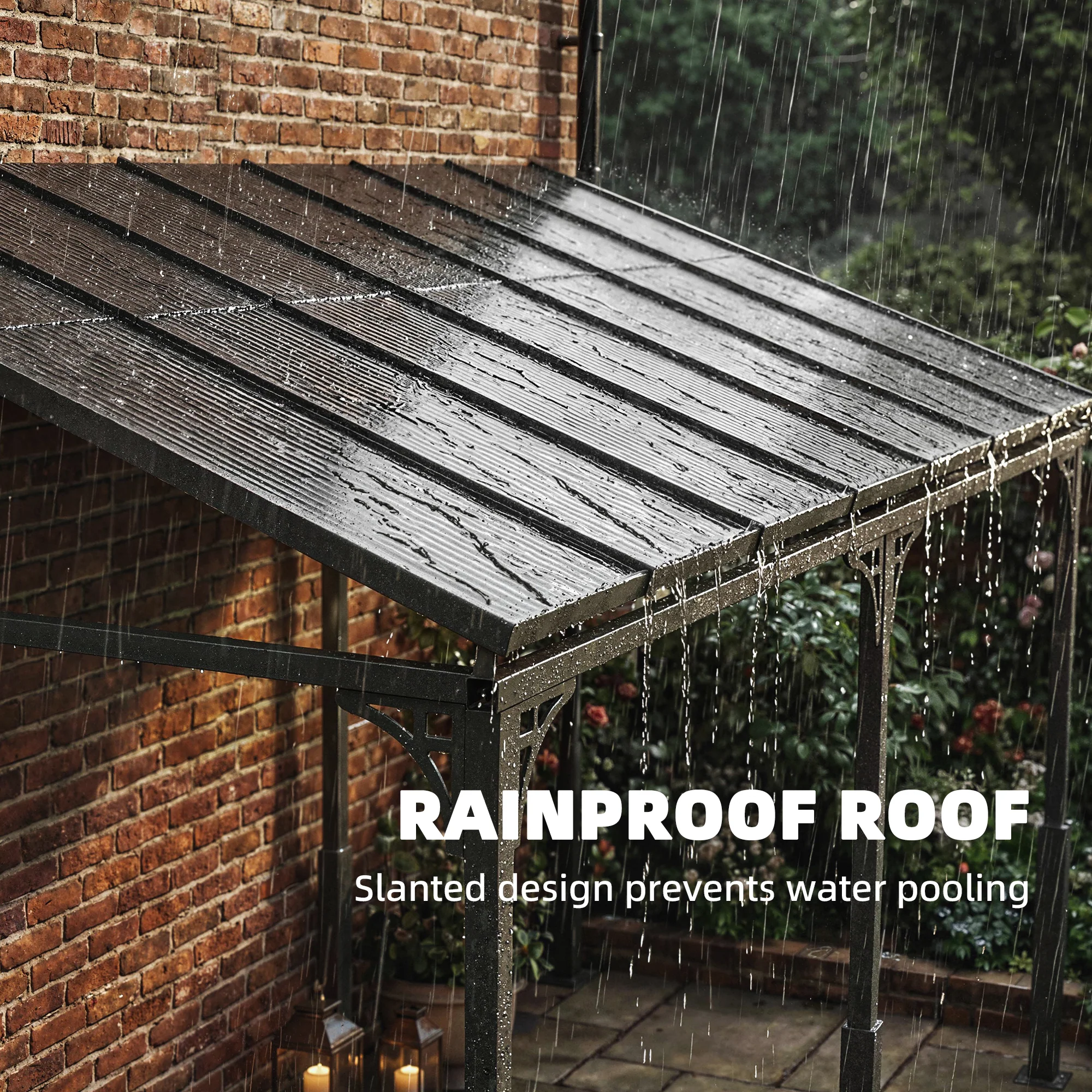 4 x 3 m Metal Lean-to Pergola with Polycarbonate Roof, Brown - Image 8
