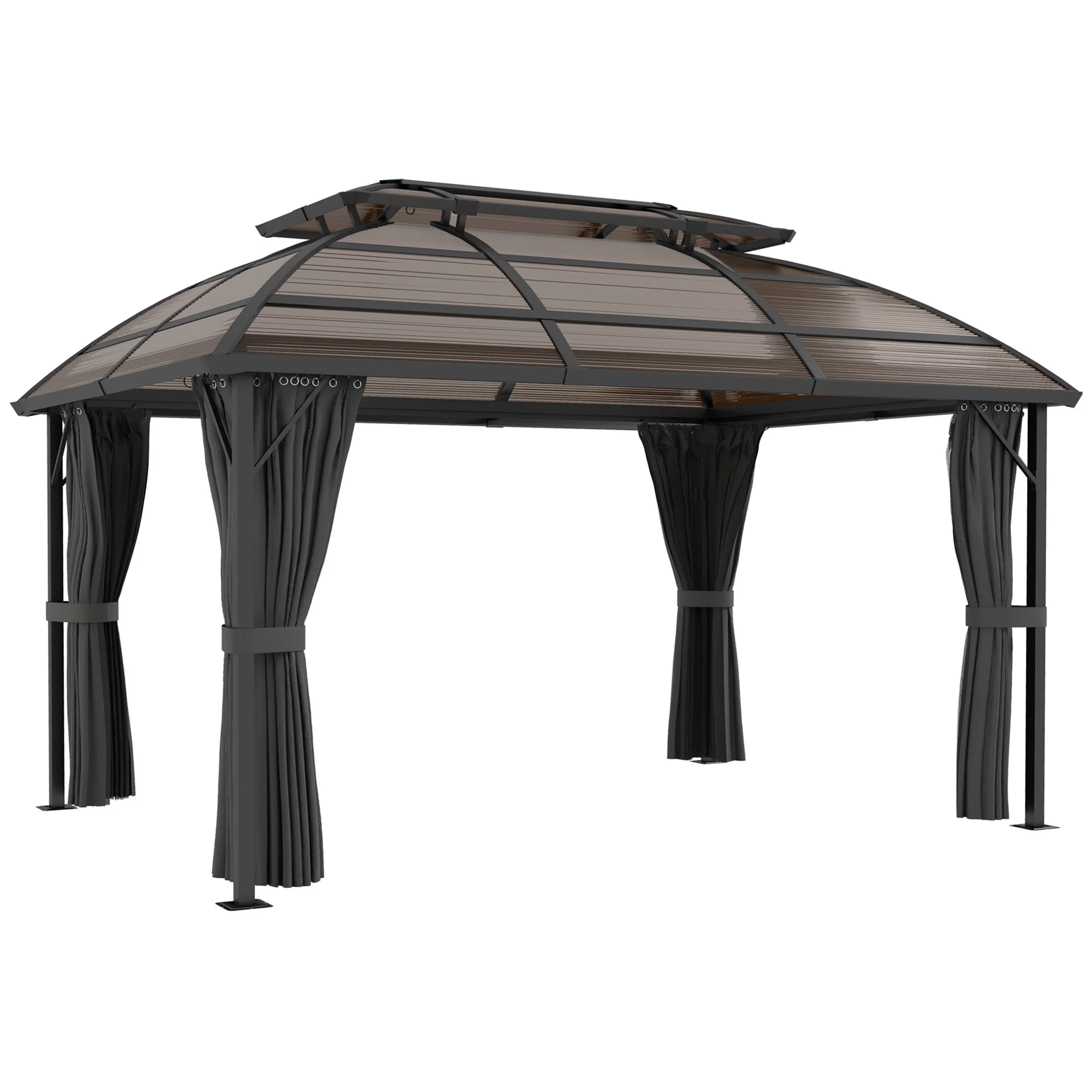 4 x 3m Polycarbonate Gazebo with Aluminium Frame & Double Roof, for Yard, Patio, Brown