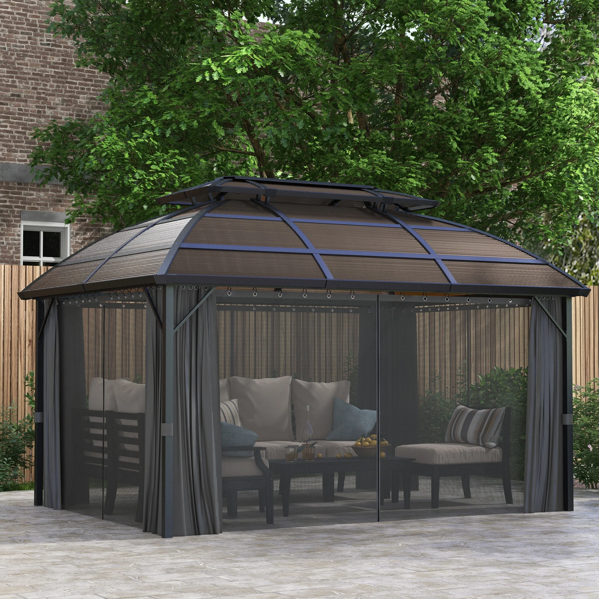 4 x 3m Polycarbonate Gazebo with Aluminium Frame & Double Roof, for Yard, Patio, Brown - Image 3