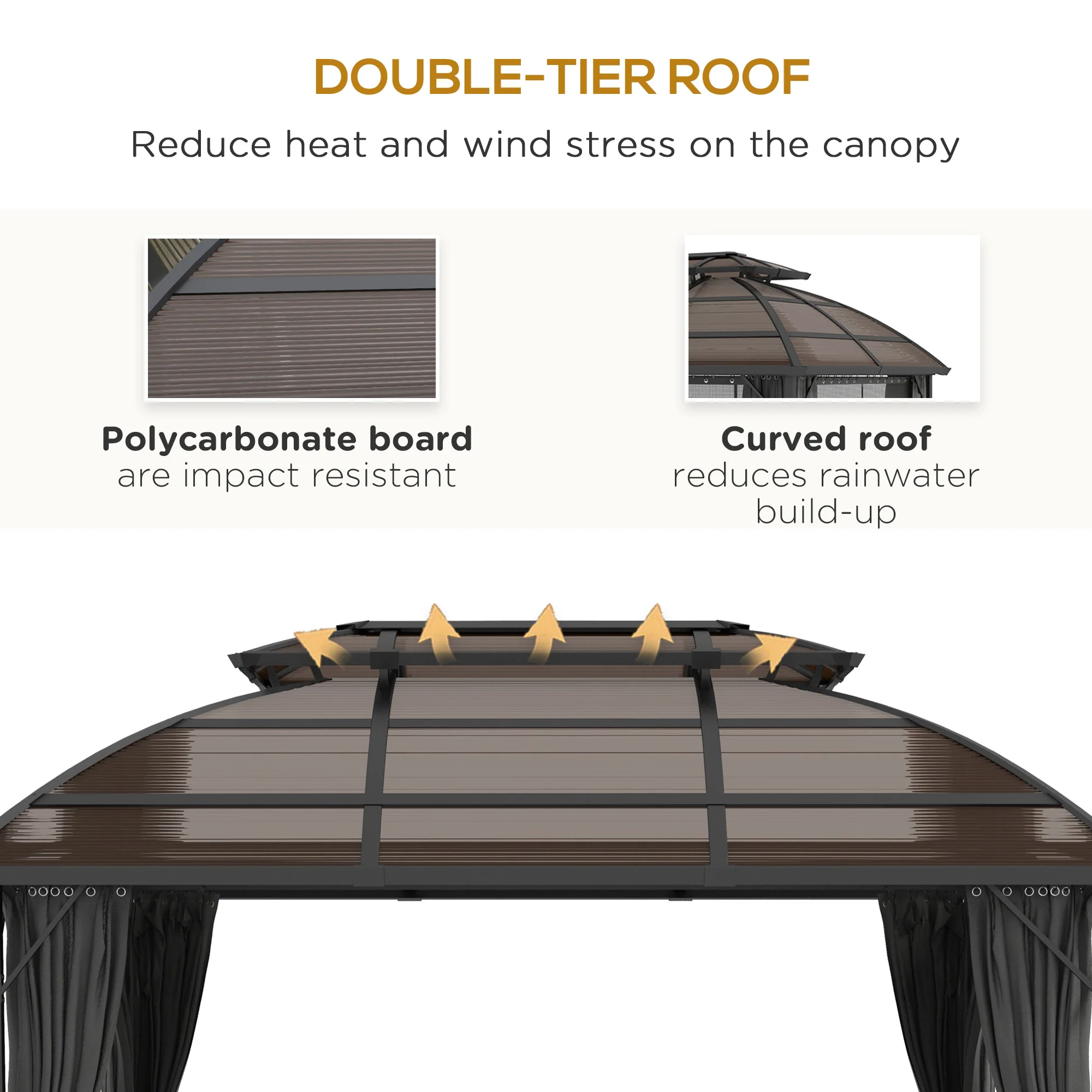 4 x 3m Polycarbonate Gazebo with Aluminium Frame & Double Roof, for Yard, Patio, Brown - Image 6