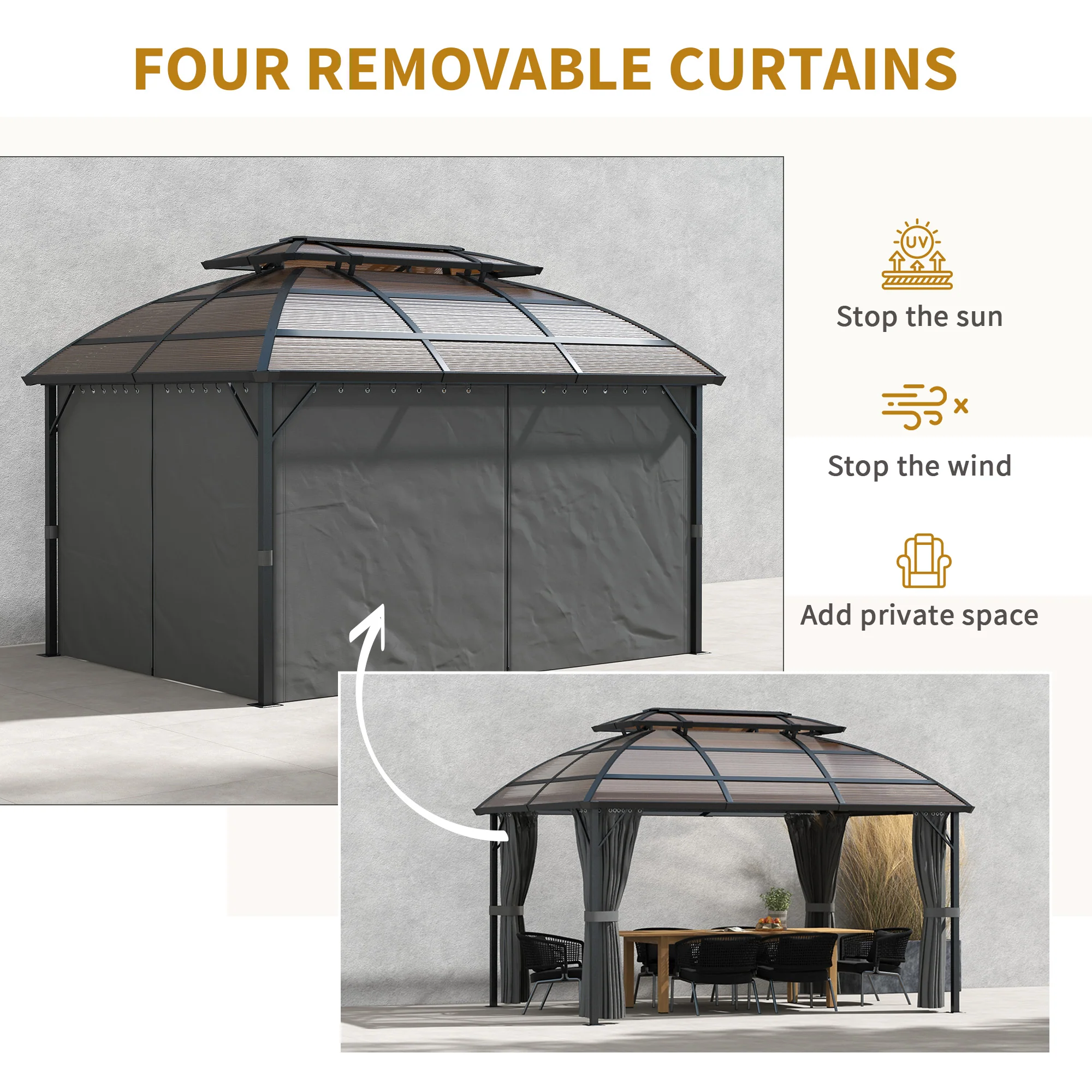 4 x 3m Polycarbonate Gazebo with Aluminium Frame & Double Roof, for Yard, Patio, Brown - Image 8