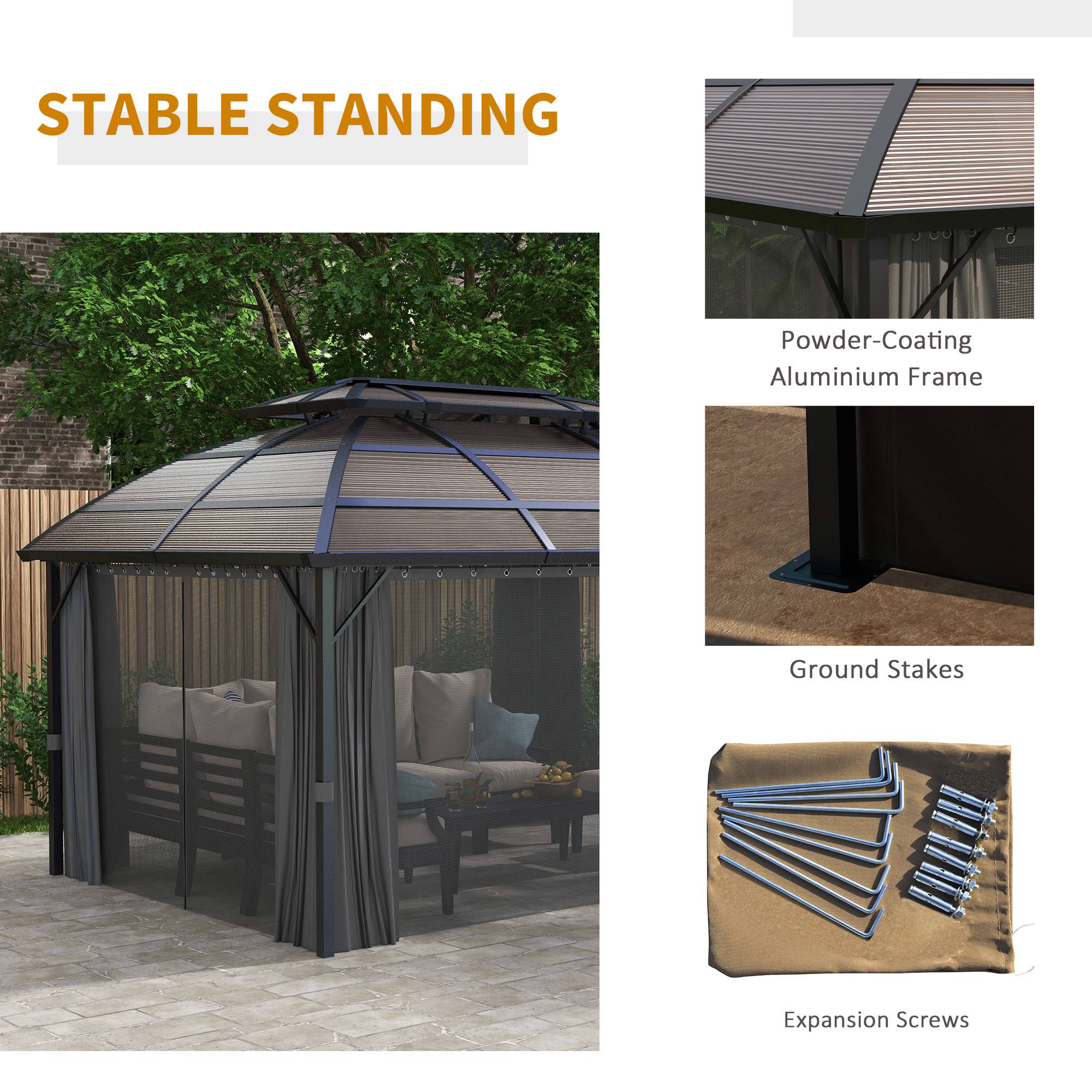 4 x 3m Polycarbonate Gazebo with Aluminium Frame & Double Roof, for Yard, Patio, Brown - Image 9