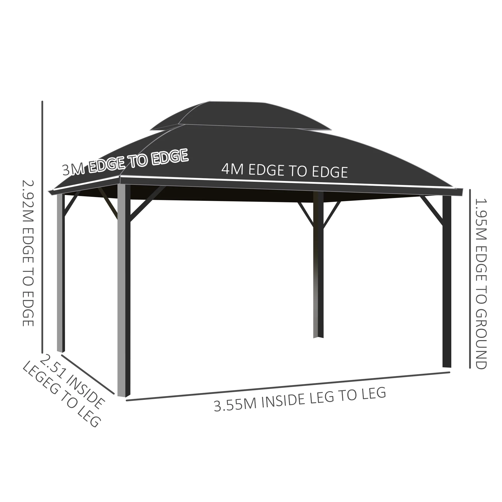 4 x 3m Polycarbonate Gazebo with Aluminium Frame & Double Roof, for Yard, Patio, Black - Image 5