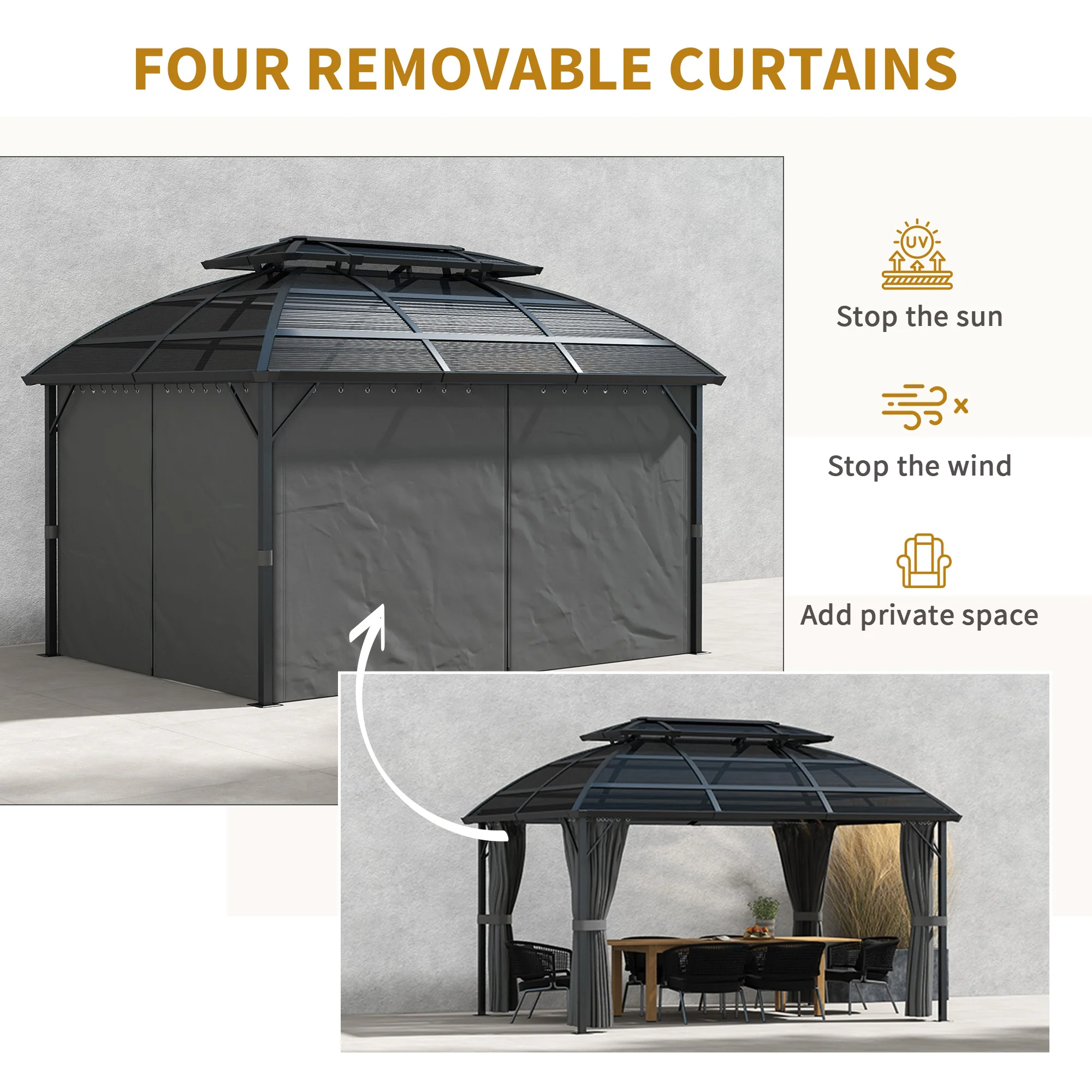4 x 3m Polycarbonate Gazebo with Aluminium Frame & Double Roof, for Yard, Patio, Black - Image 8
